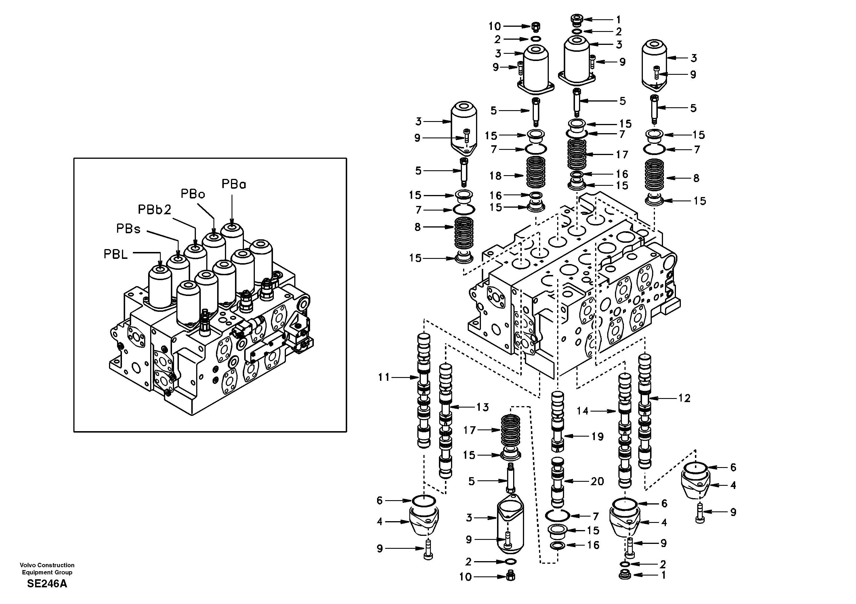 Схема запчастей Volvo EC360 - 66564 Main control valve, swing and option and dipper arm and travel Lh 