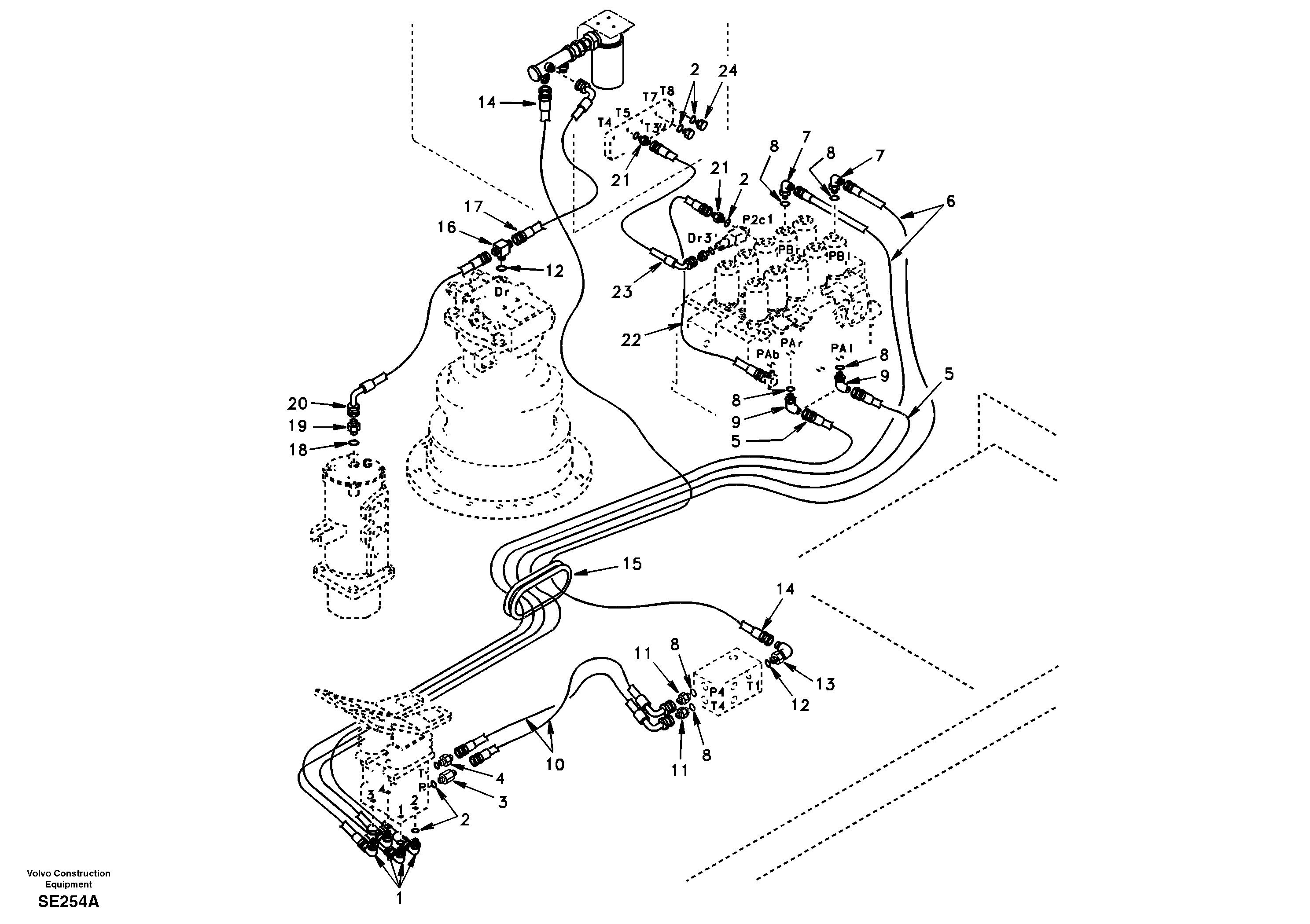 Схема запчастей Volvo EC360 - 18103 Servo system, control valve to remote control valve pedal 