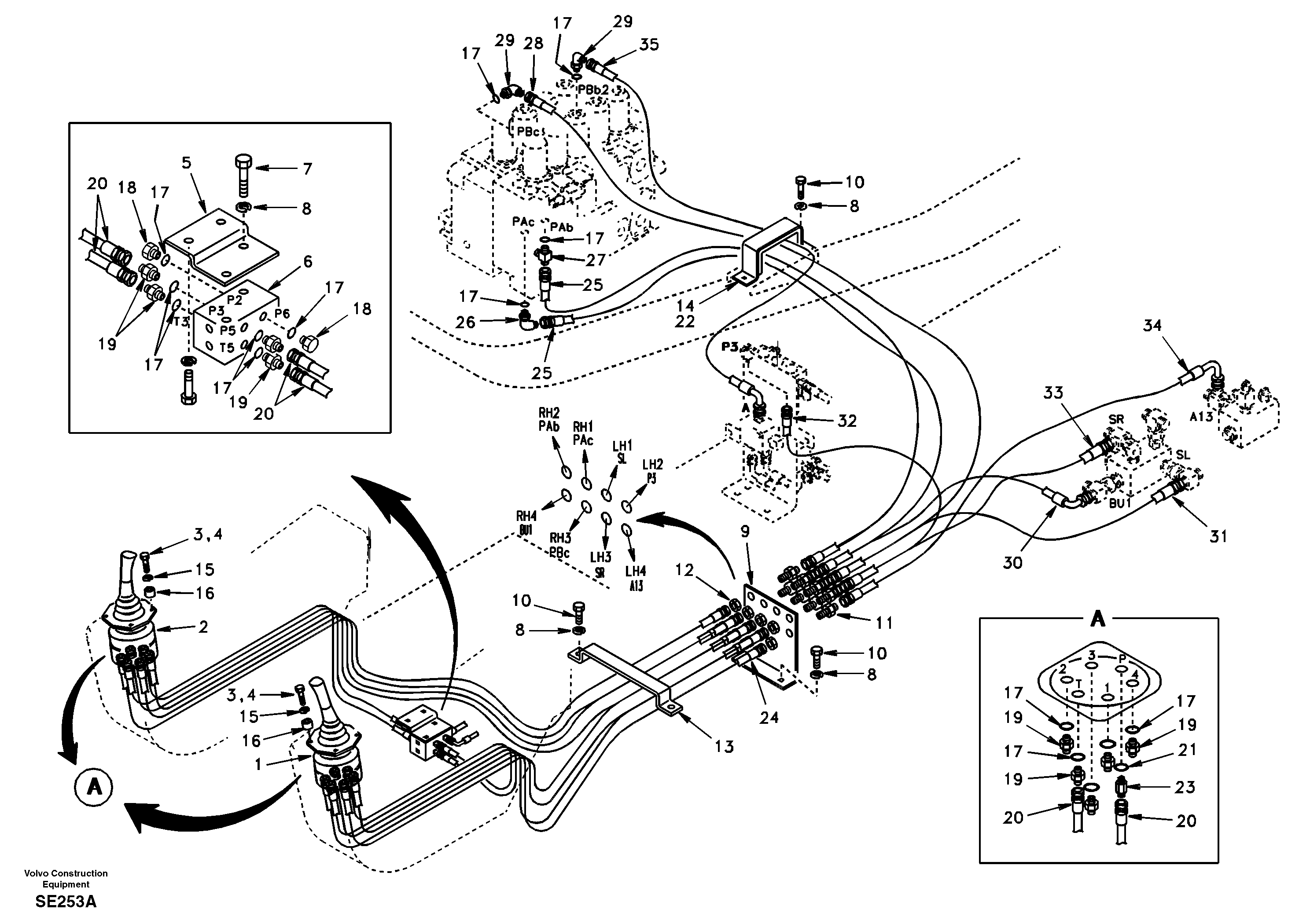 Схема запчастей Volvo EC360 - 44302 Servo system, control valve to remote control valve 