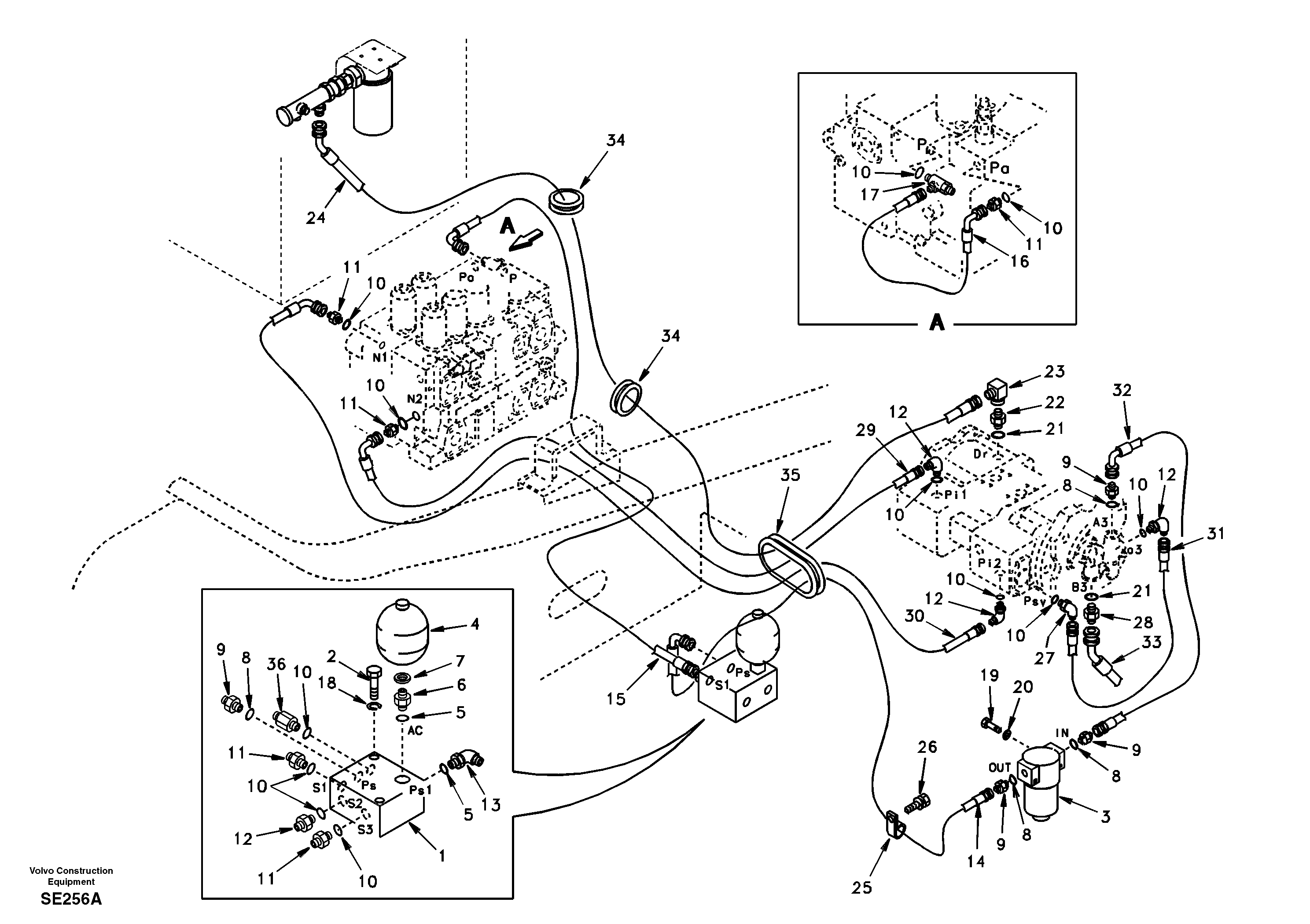 Схема запчастей Volvo EC360 - 52520 Servo system, pump to control valve 