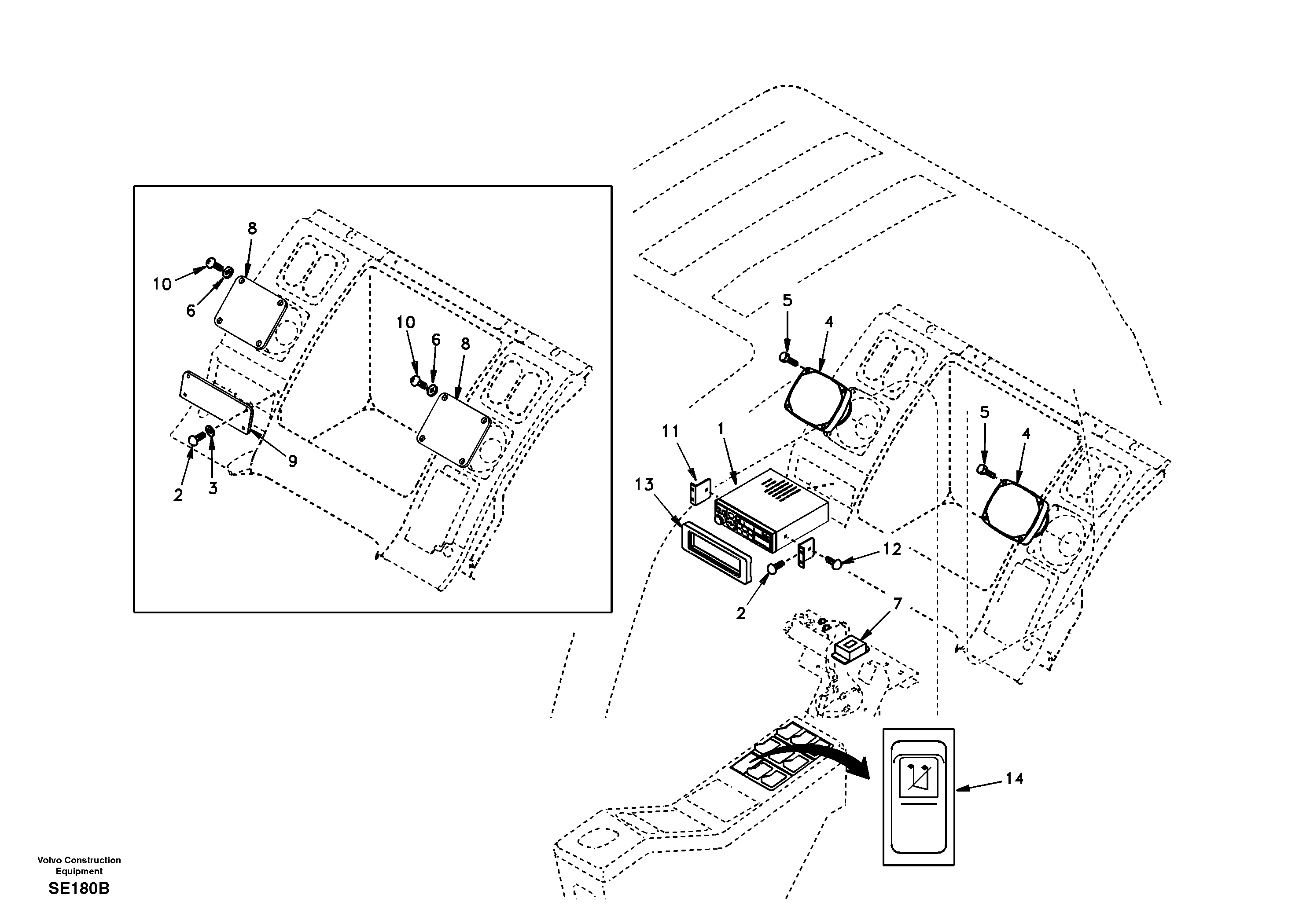 Схема запчастей Volvo EC360 - 98570 Cassette radio recorder with mounting details 