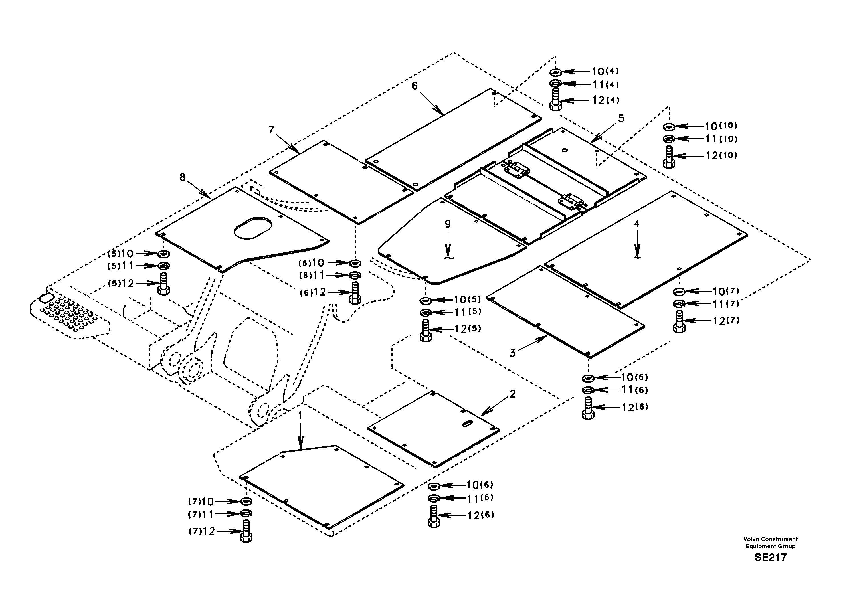 Схема запчастей Volvo EC360 - 12488 Hatches under engine, hydr.pumps, cooler, m.valve and fuel tank 