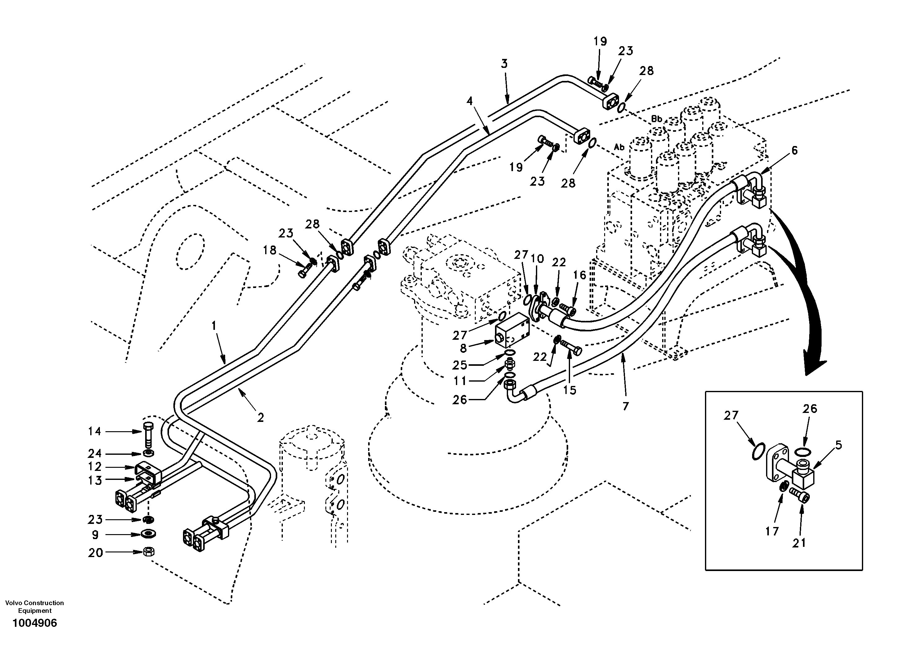 Схема запчастей Volvo EC360 - 76498 Hydraulic system, control valve to boom and swing 