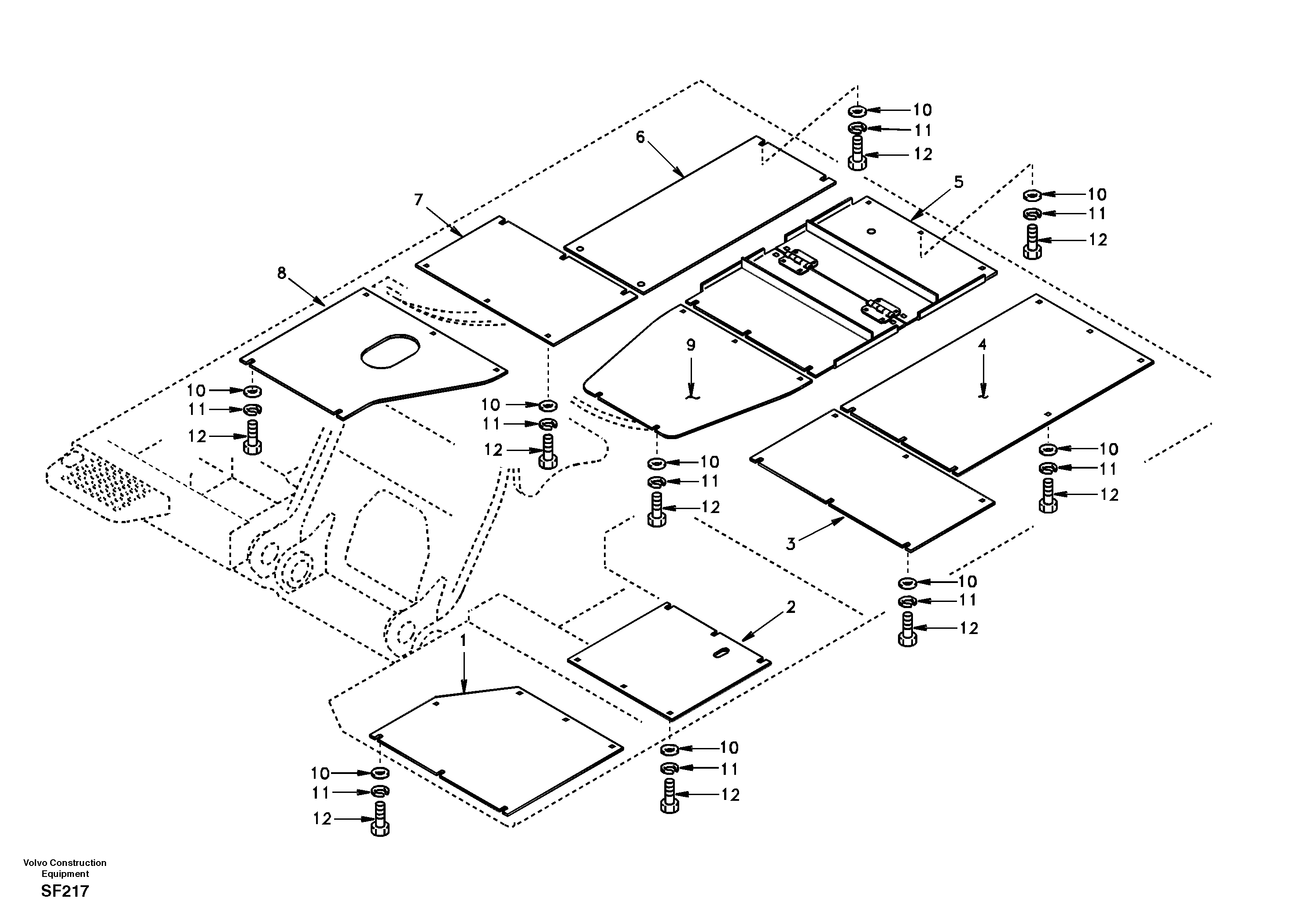 Схема запчастей Volvo EC460 - 13190 Hatches under engine, hydr.pumps, cooler, m.valve and fuel tank 