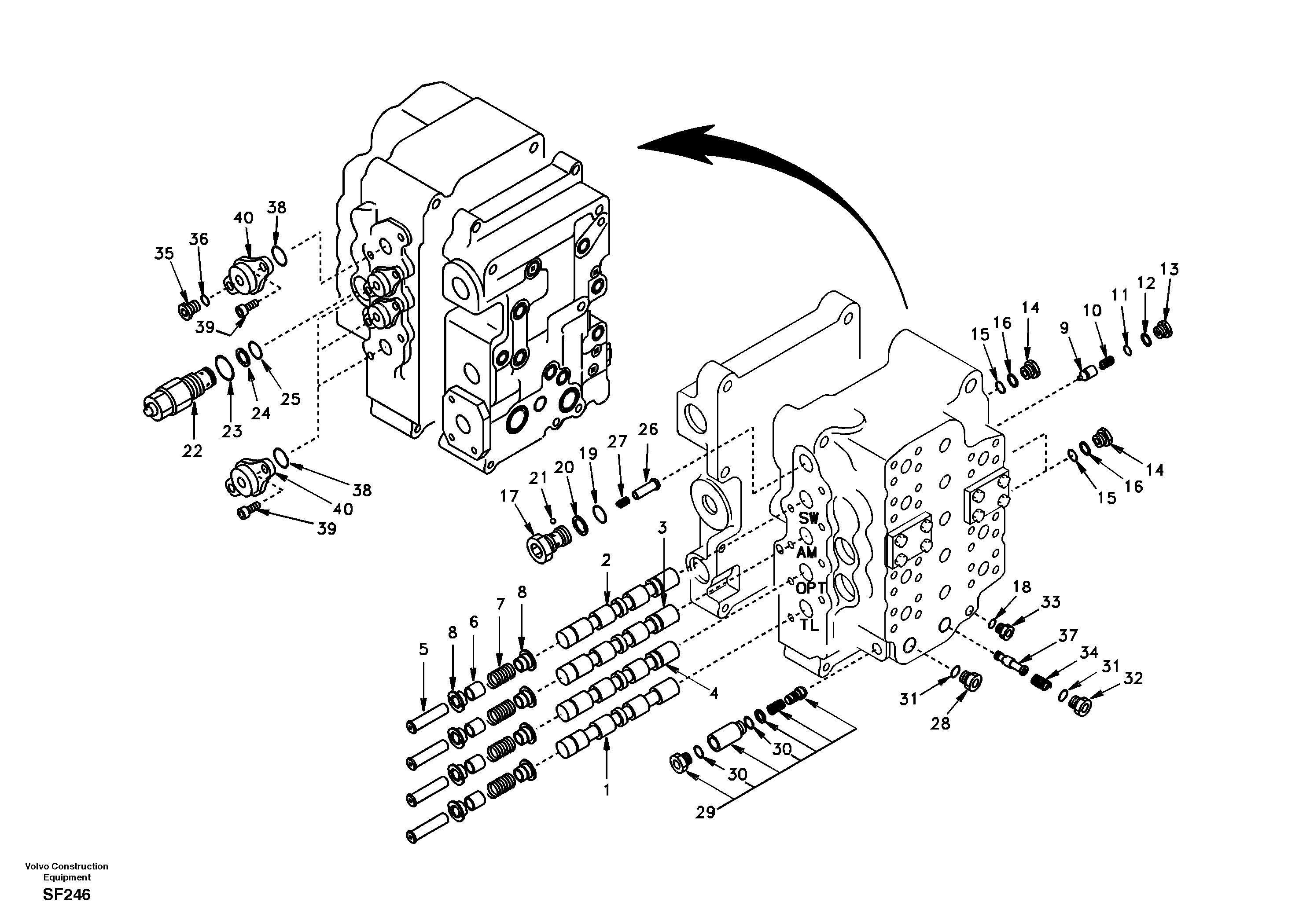 Схема запчастей Volvo EC460 - 51393 Main control valve, swing and option and dipper arm and travel Lh 