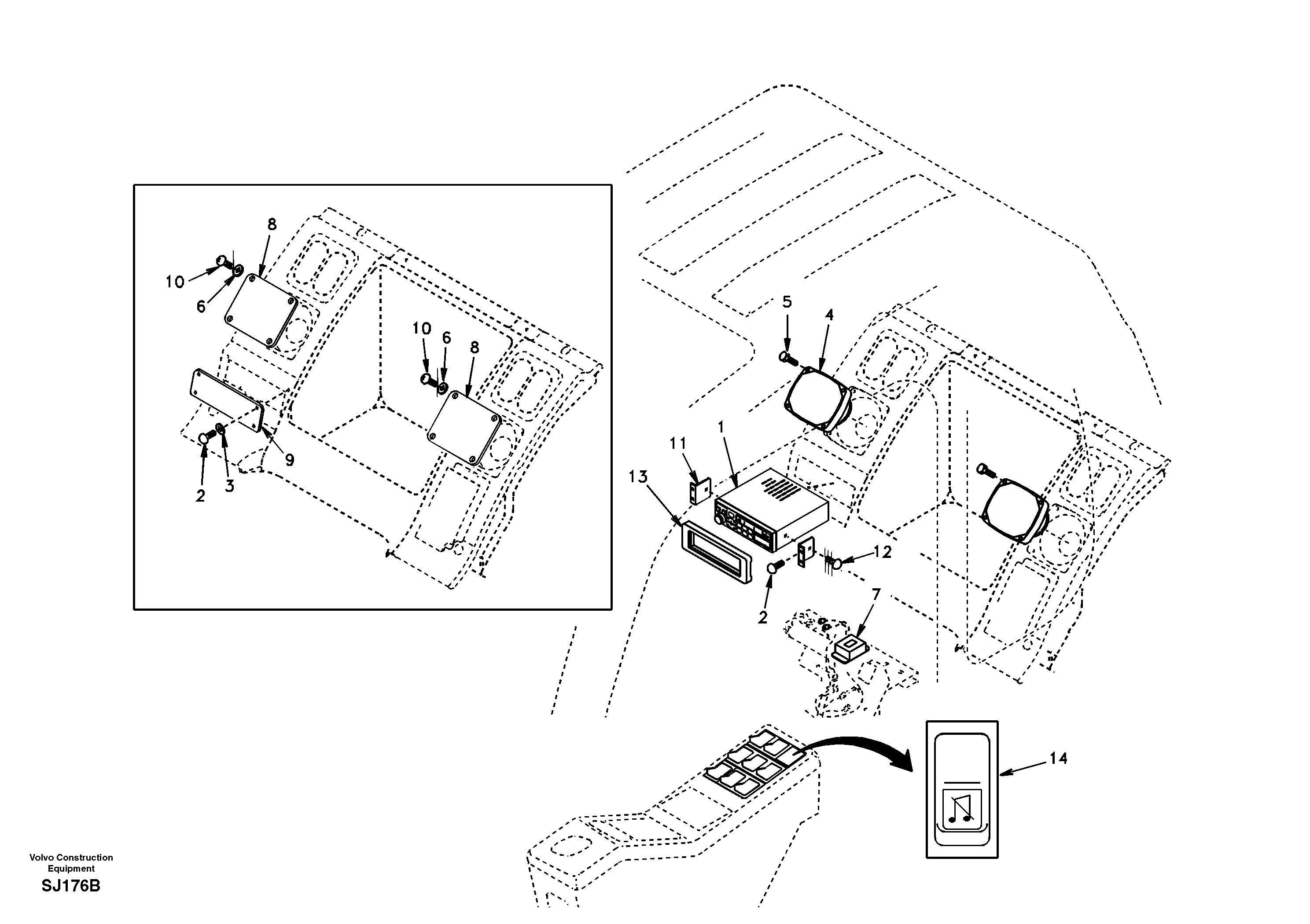 Схема запчастей Volvo EW170 & EW180 SER NO 3031- - 96998 Cassette radio recorder with mounting details 