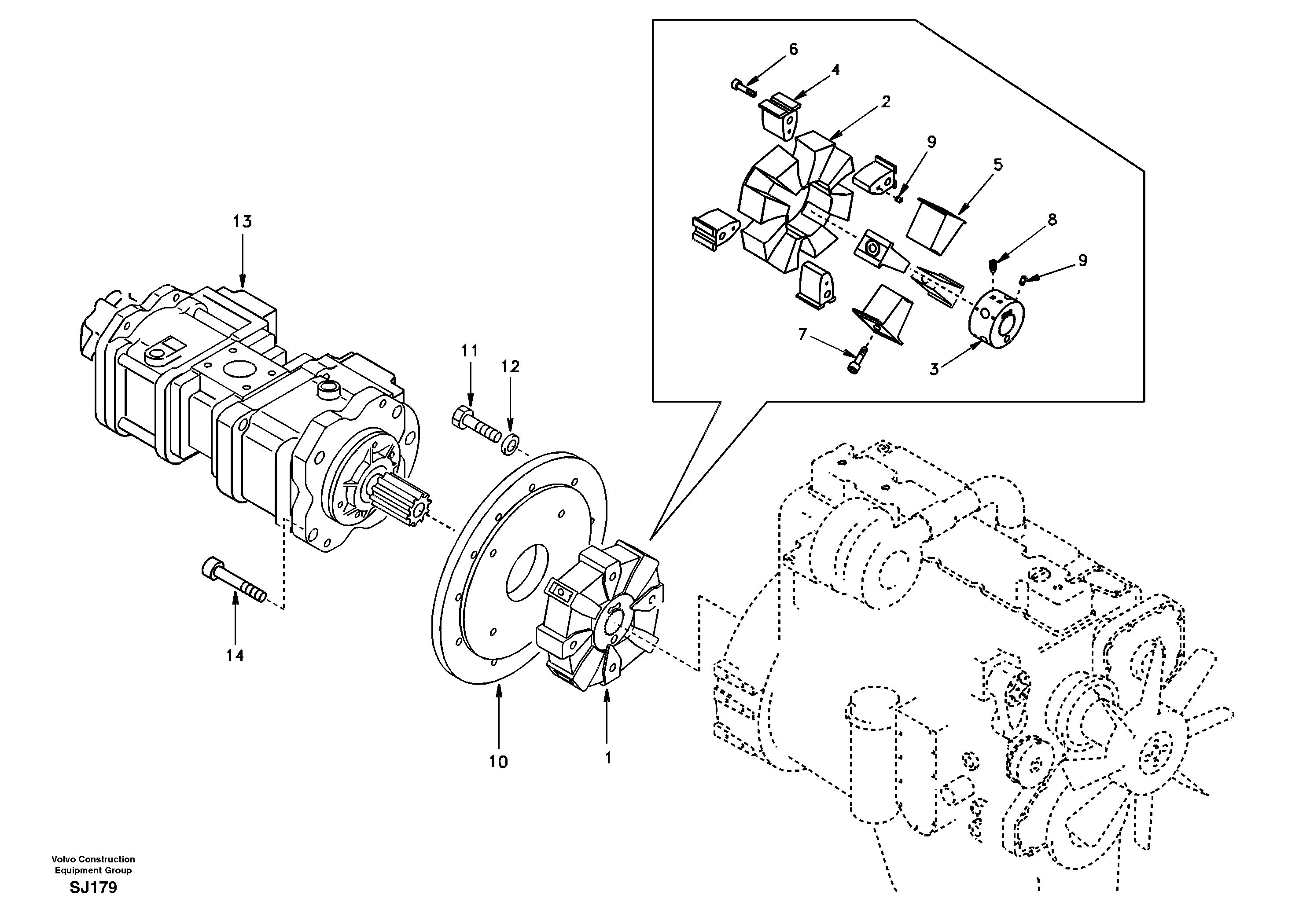 Схема запчастей Volvo EW170 & EW180 SER NO 3031- - 14420 Pump gearbox with assembling parts 