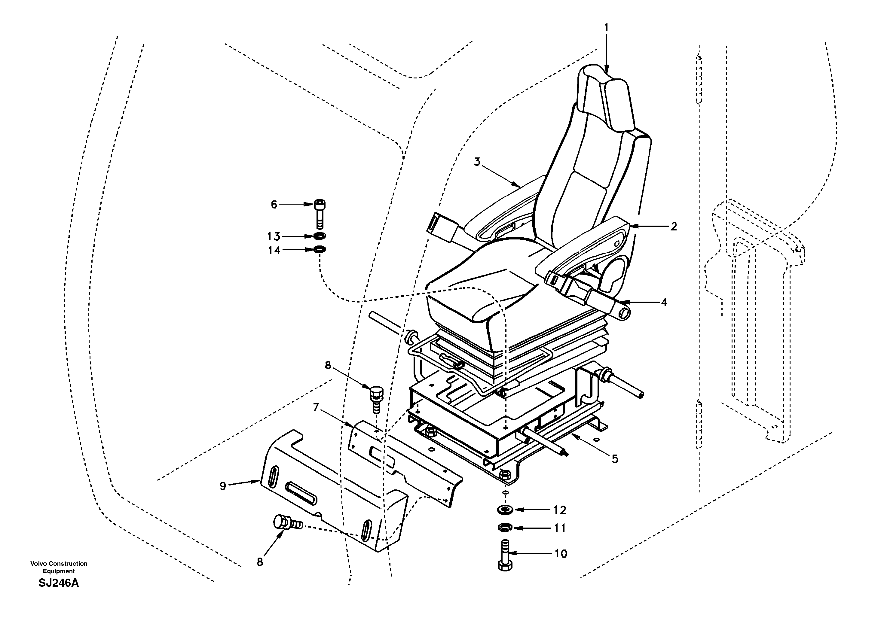 Схема запчастей Volvo EW170 & EW180 SER NO 3031- - 30547 Operator seat with fitting parts 