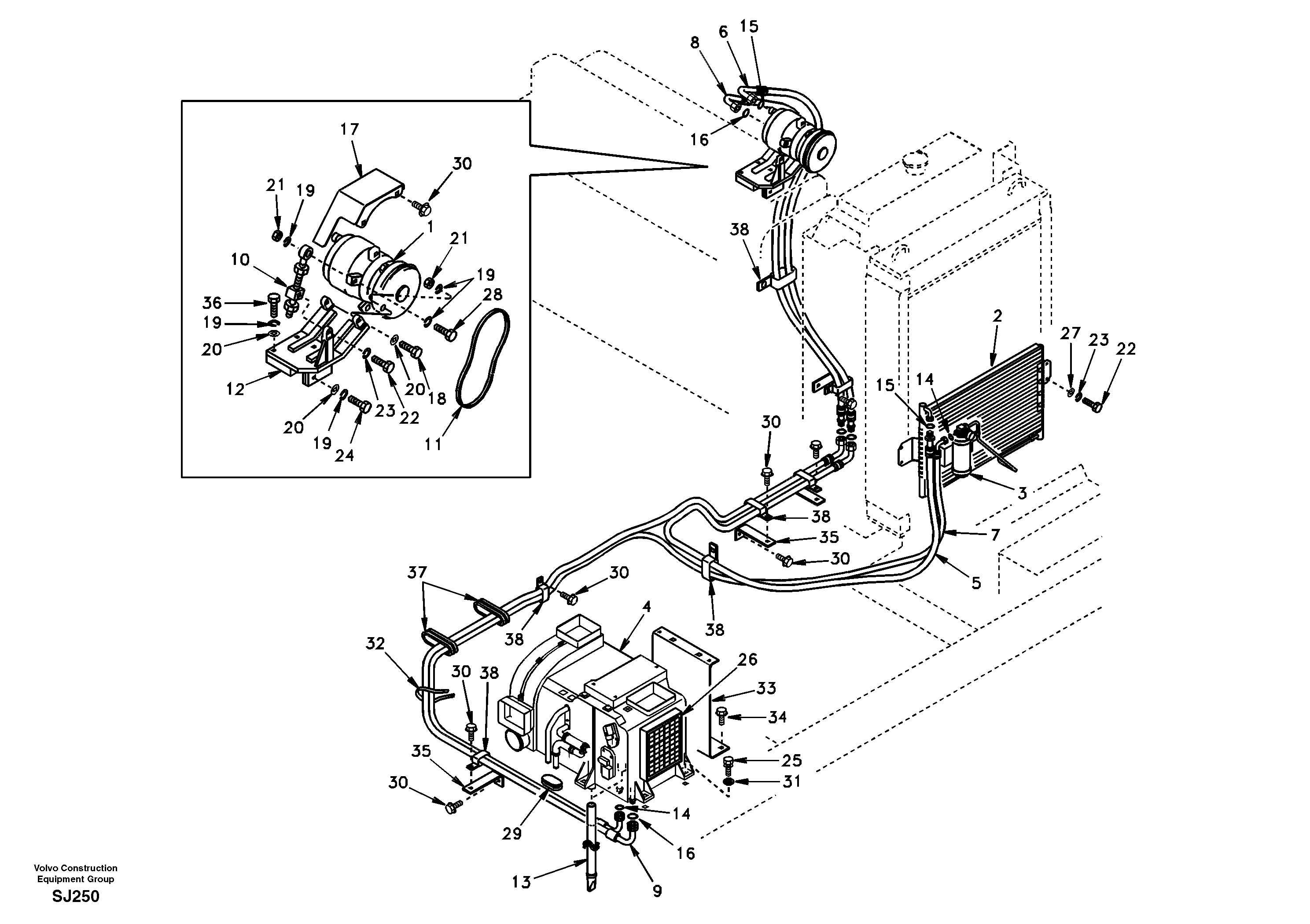 Схема запчастей Volvo EW170 & EW180 SER NO 3031- - 52363 Air conditioning unit line 