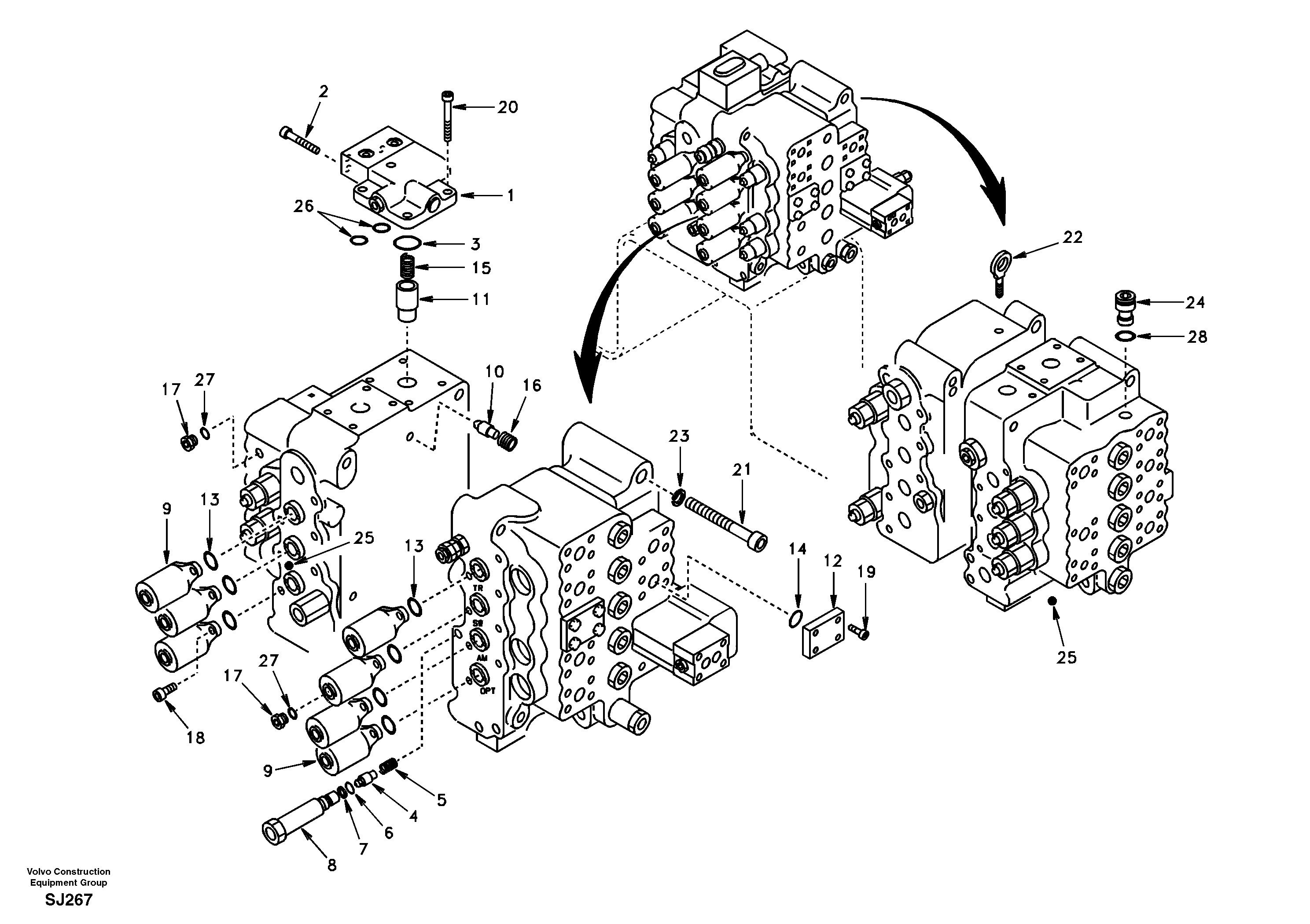 Схема запчастей Volvo EW170 & EW180 SER NO 3031- - 100182 Control valve with fitting parts 