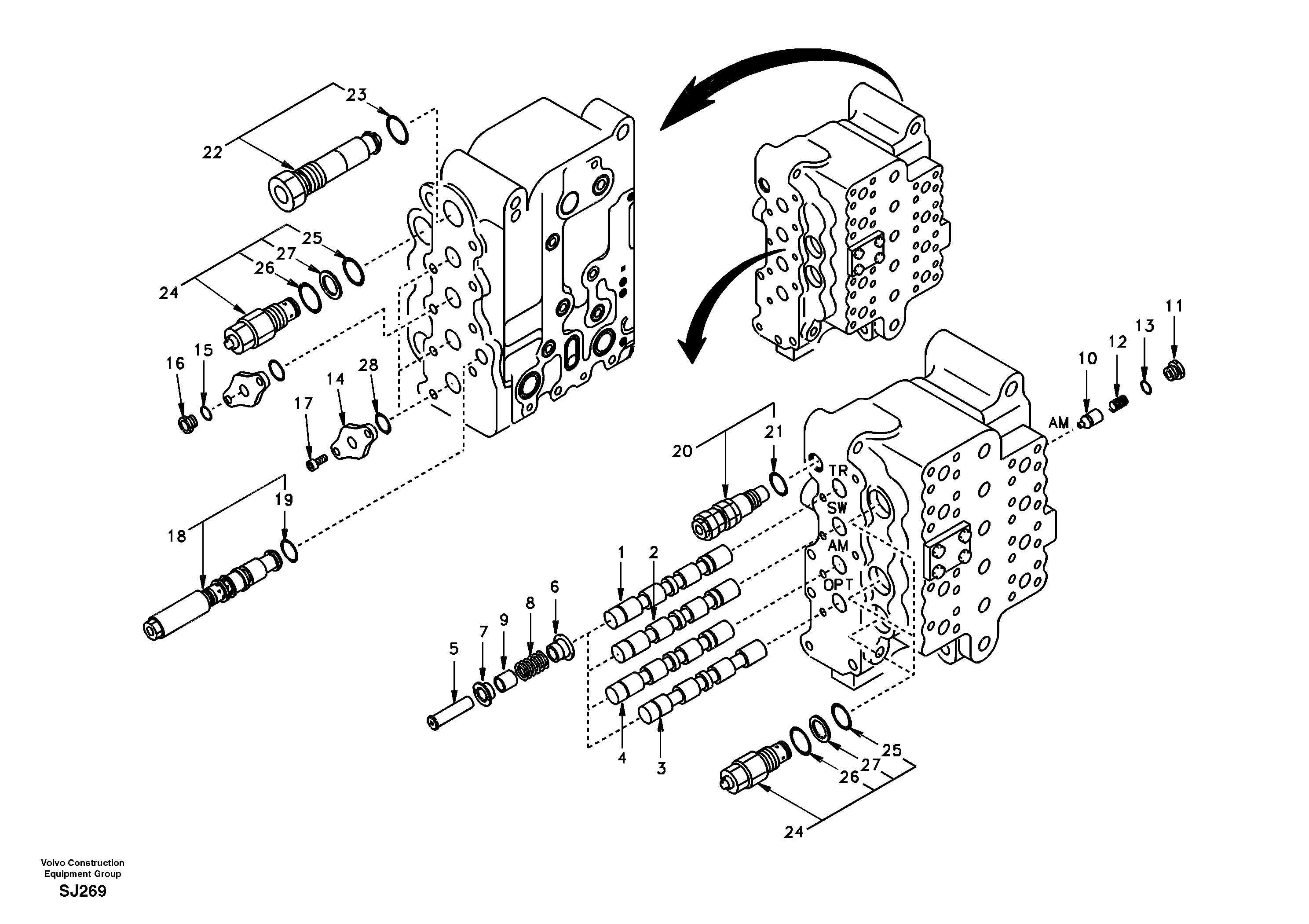 Схема запчастей Volvo EW170 & EW180 SER NO 3031- - 48827 Main control valve, swing and option and dipper arm and travel Lh 