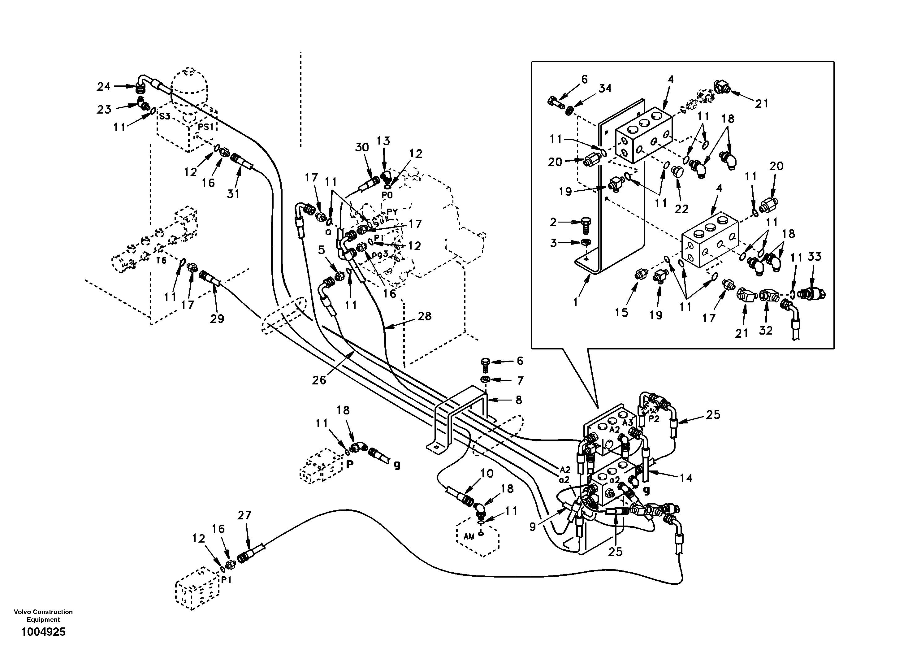 Схема запчастей Volvo EW170 & EW180 SER NO 3031- - 44310 Servo system, control valve to solenoid valve 