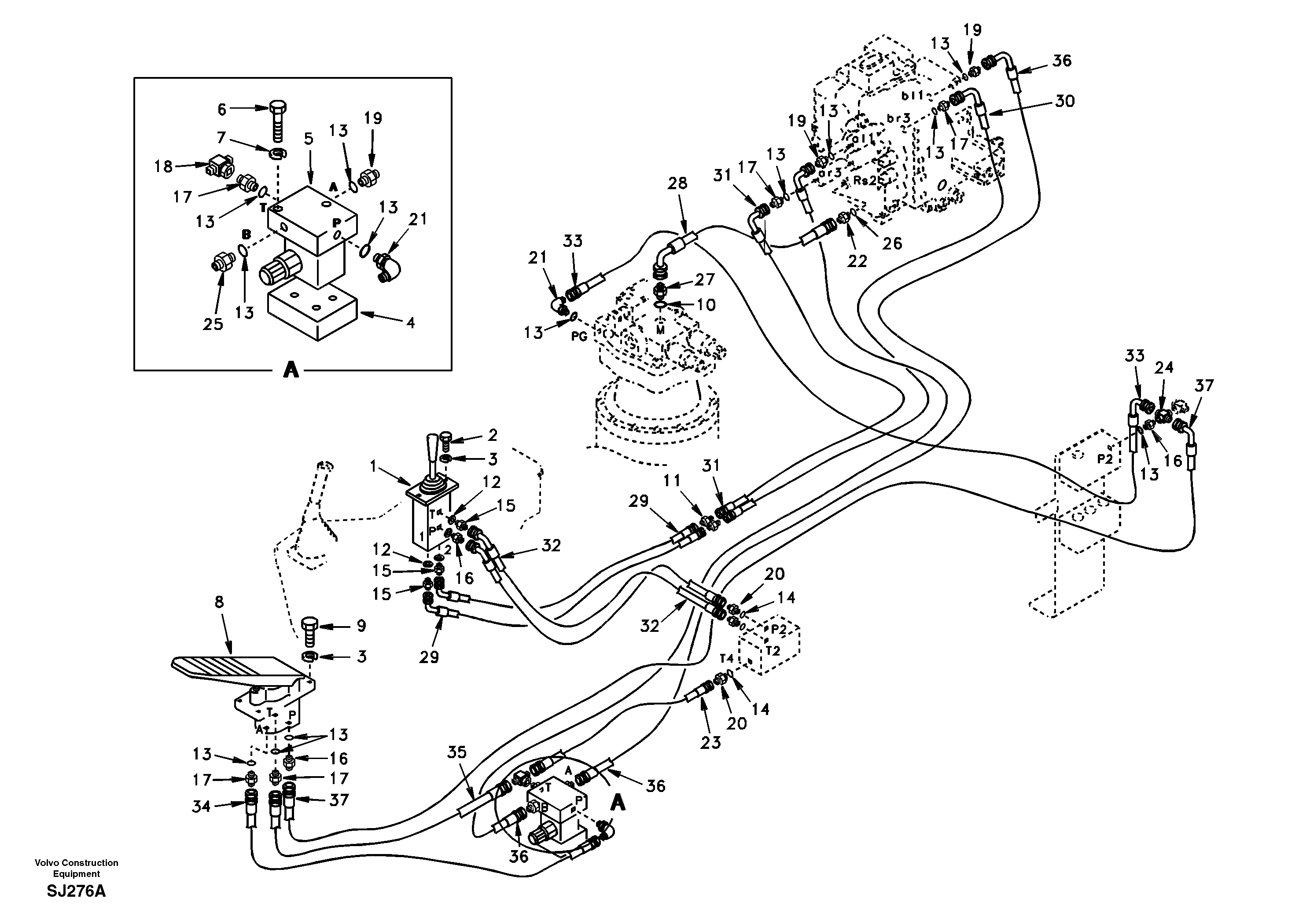 Схема запчастей Volvo EW170 & EW180 SER NO 3031- - 48592 Servo system, control valve to remote control valve pedal 