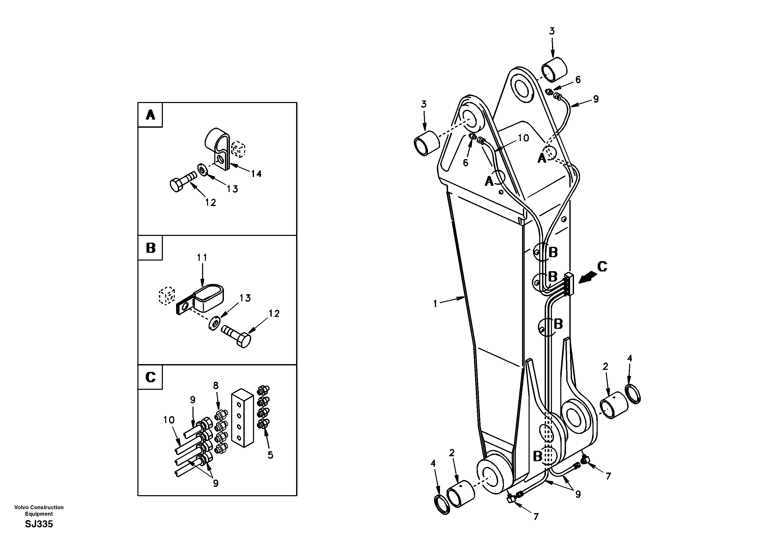 Схема запчастей Volvo EW170 & EW180 SER NO 3031- - 34190 Boom and grease piping, adjustable 1st 