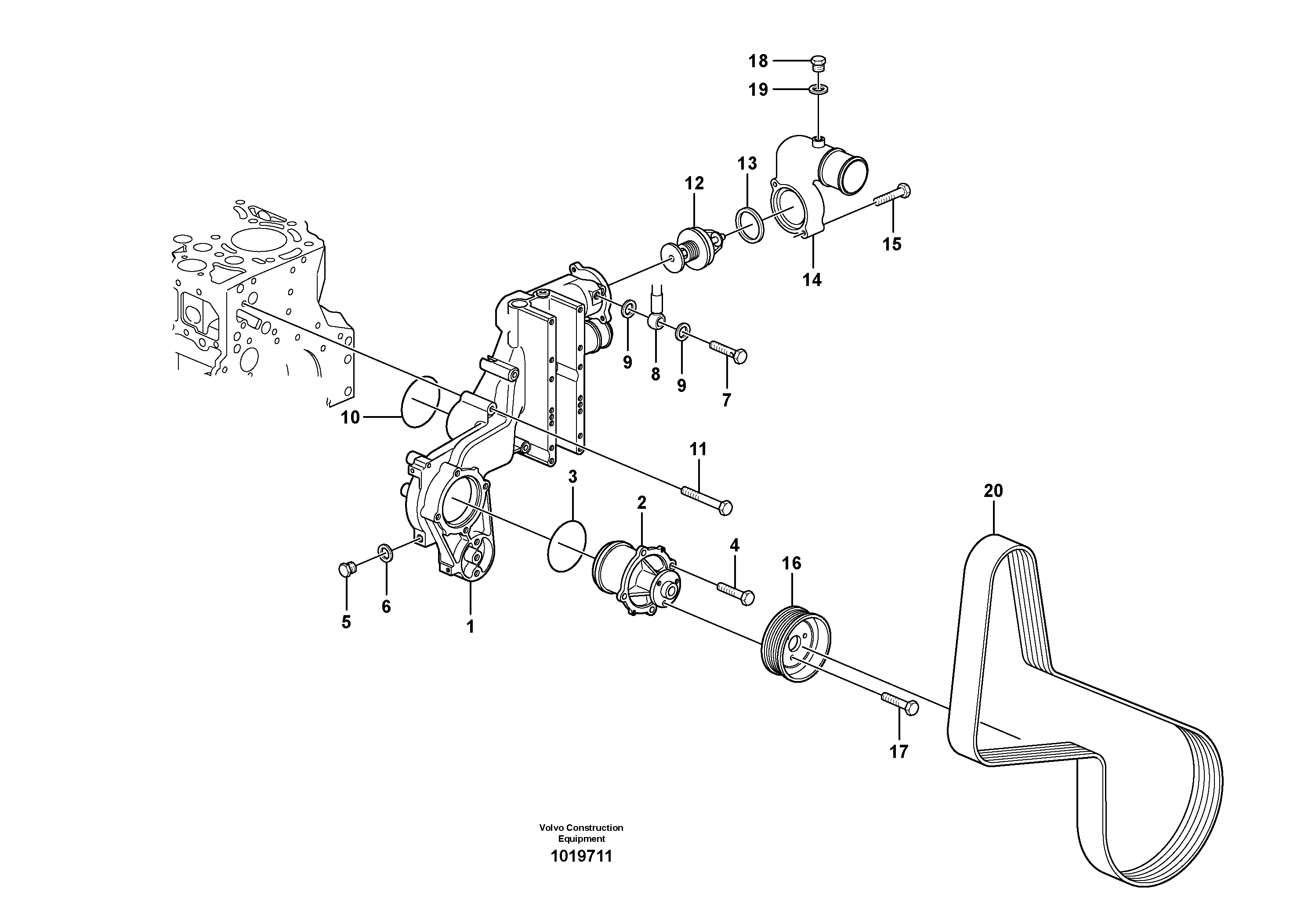 Схема запчастей Volvo ECR305C - 99748 Water pump and thermostat housing ECR305C