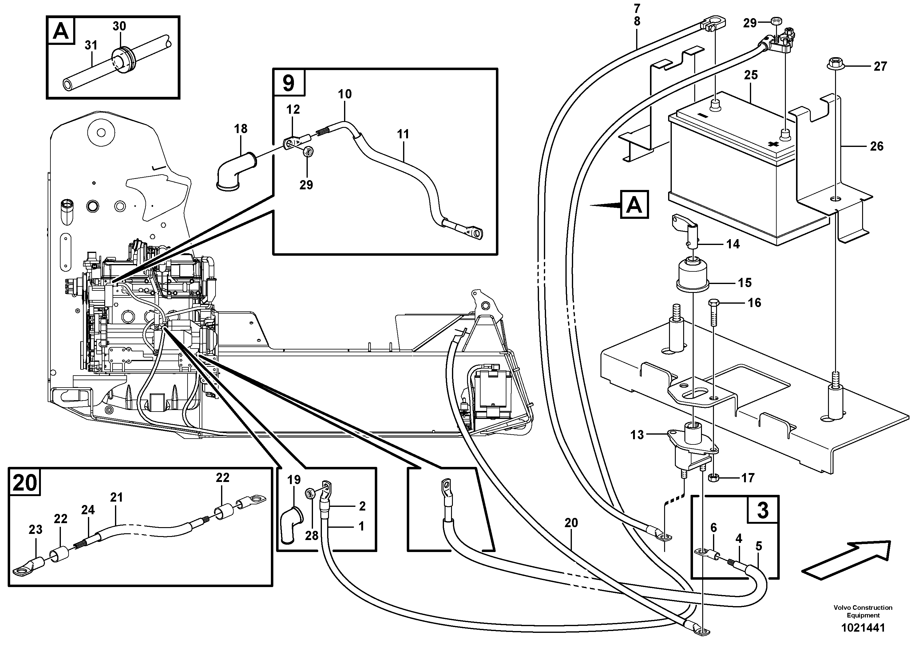 Схема запчастей Volvo MC110B - 91293 Battery cable and main switch MC110B