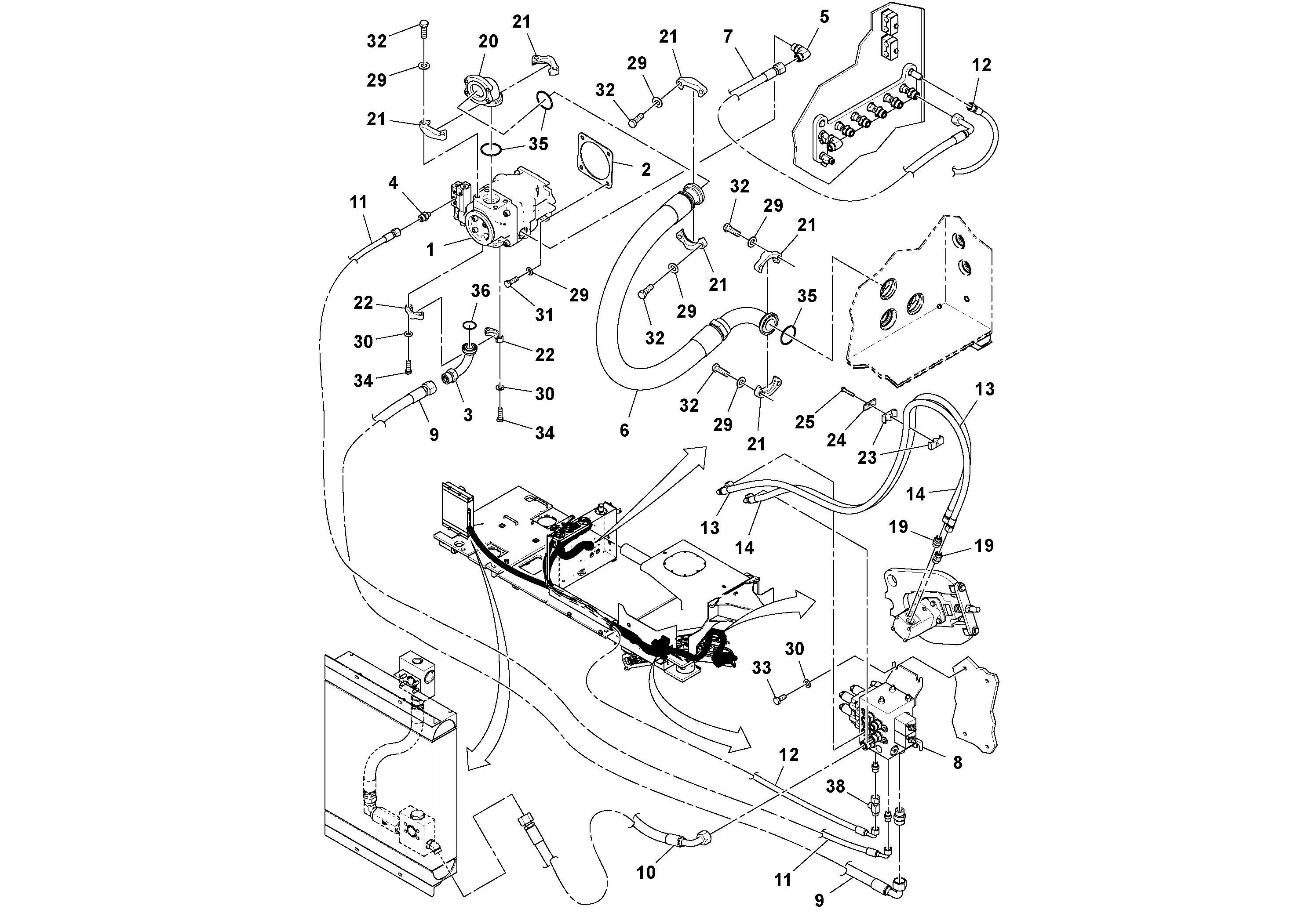 Схема запчастей Volvo MT2000 S/N 197282,198000- - 96356 Hydraulic installation 