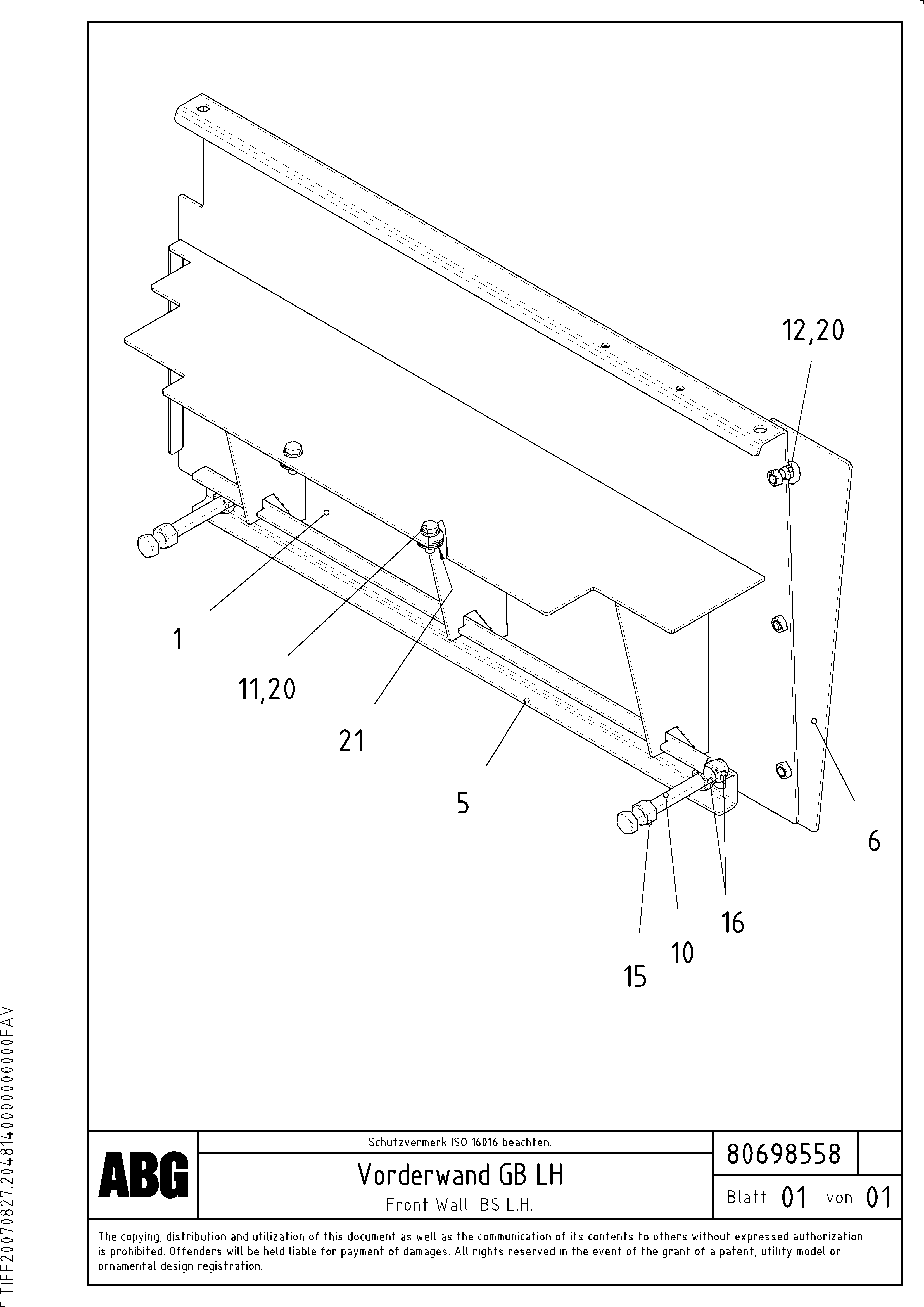 Схема запчастей Volvo ABG3870 - 63117 Front wall for basic screed VB-V 50 ATT. SCREEDS 2,0 - 5,0M ABG3870