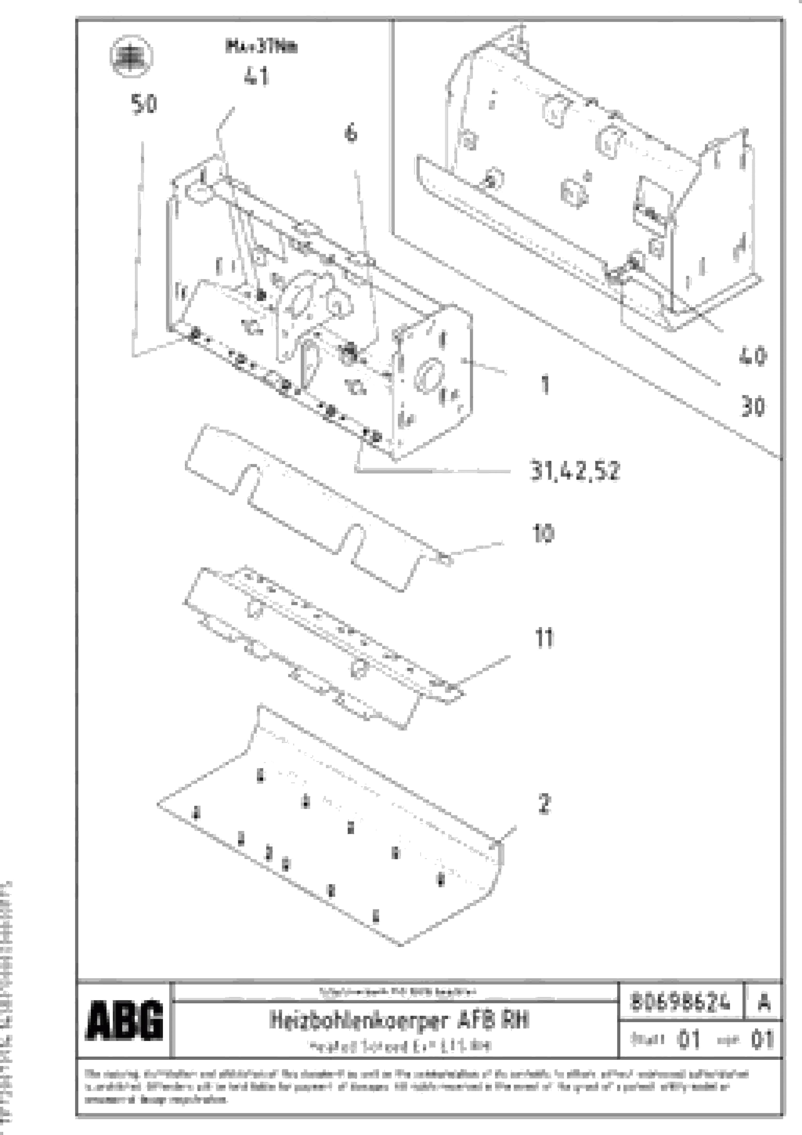 Схема запчастей Volvo ABG3870 - 63635 Heated body for extendable screed VB-V 50 ATT. SCREEDS 2,0 - 5,0M ABG3870