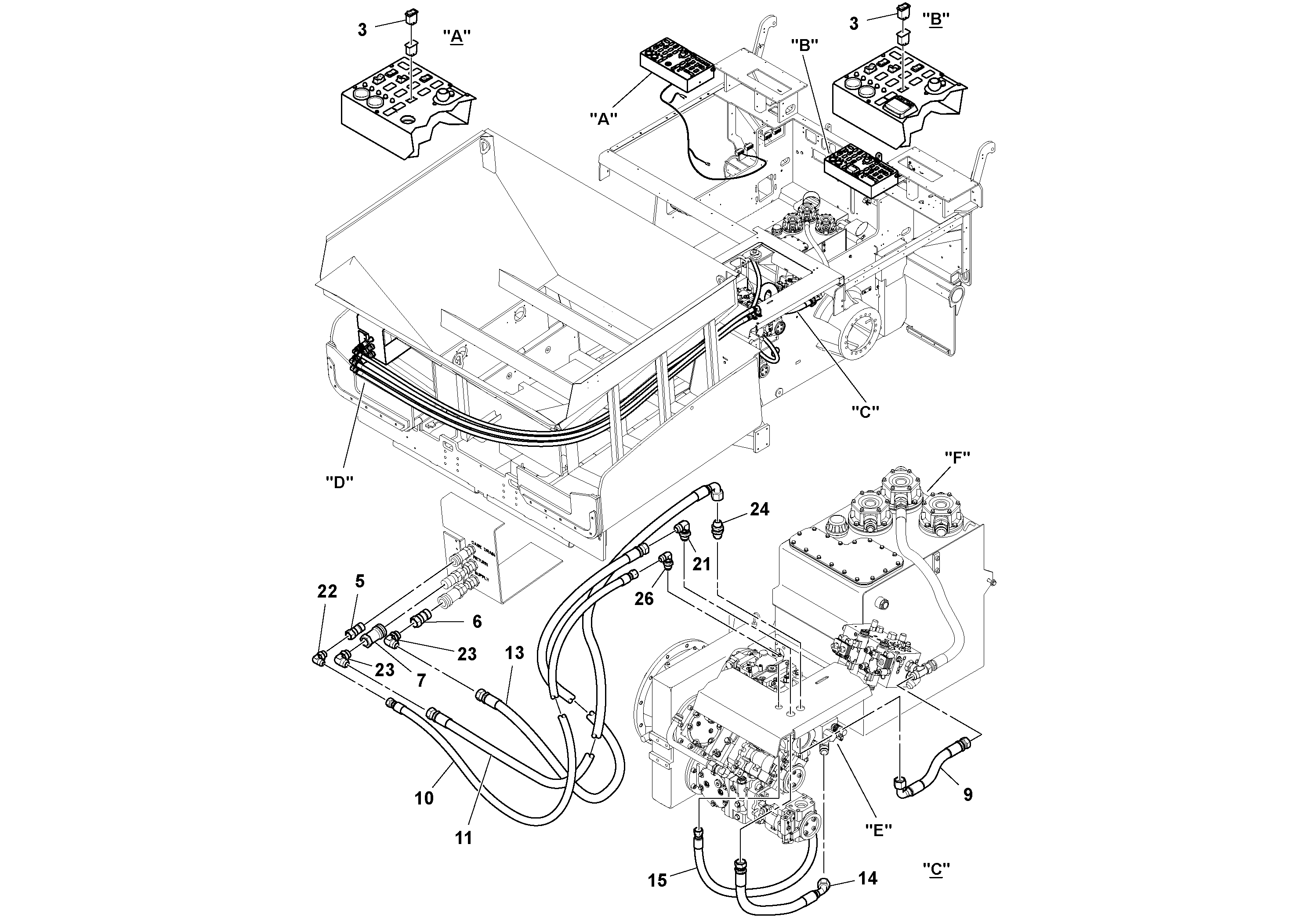 Схема запчастей Volvo PF6160 - 87664 Mixer Tub Hydraulic Installation PF6160/PF6170