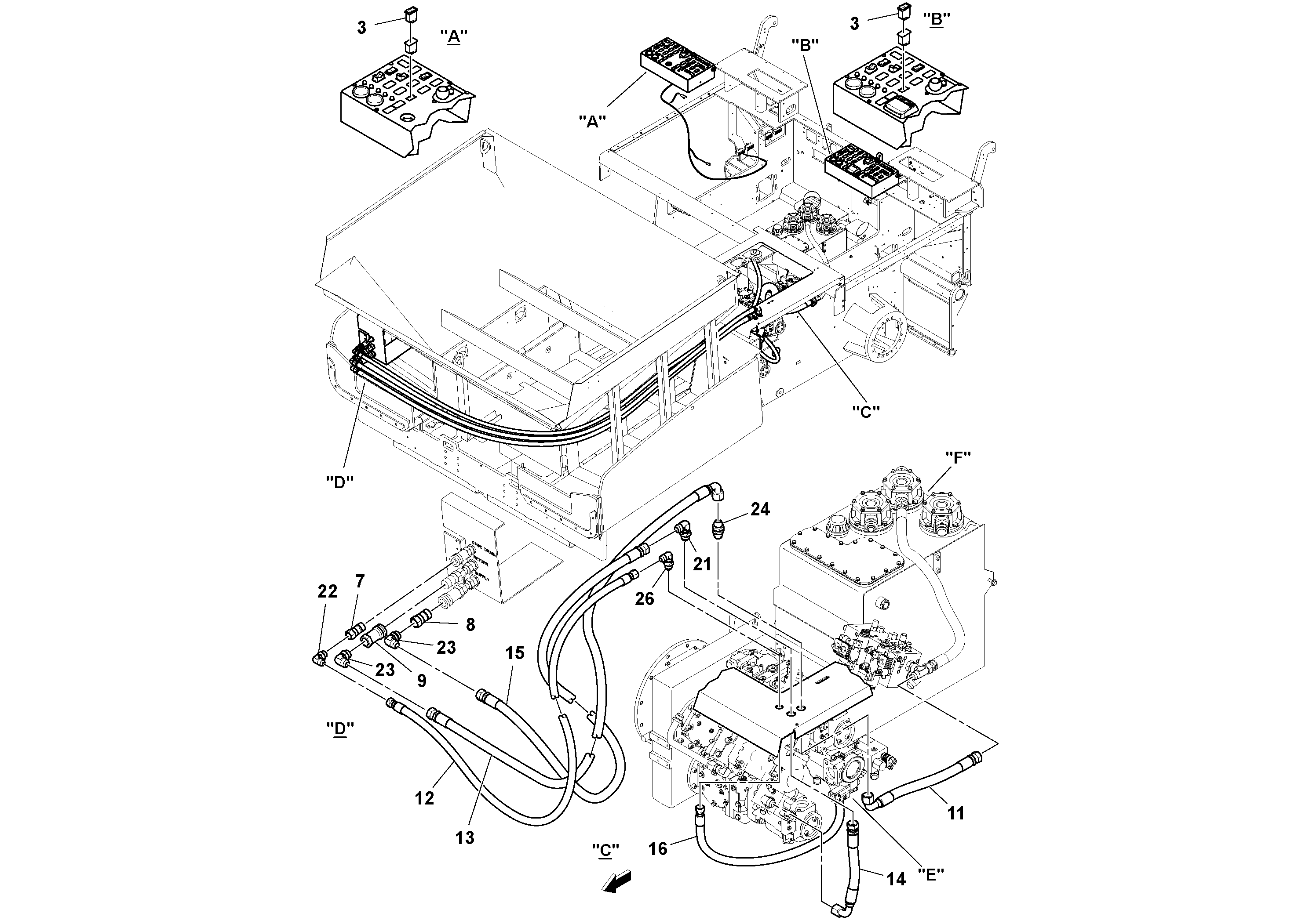 Схема запчастей Volvo PF6160 - 94110 Mixer Tub Hydraulic Installation PF6160/PF6170