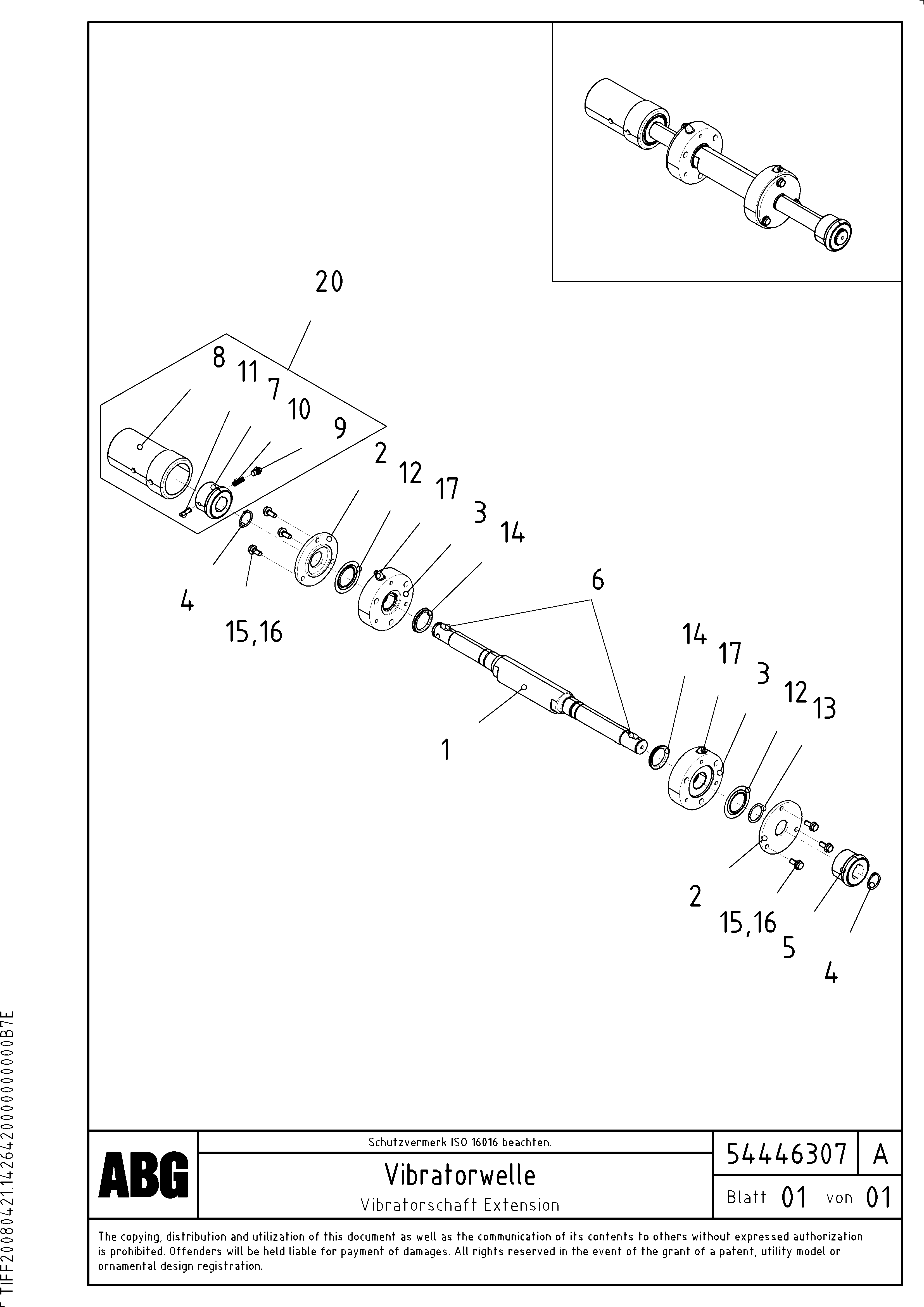 Схема запчастей Volvo ABG8820 - 72647 Vibrator shaft for extension VDT-V 78 ETC ATT. SCREED 2,5 - 9,0 M ABG8820/ABG8820B