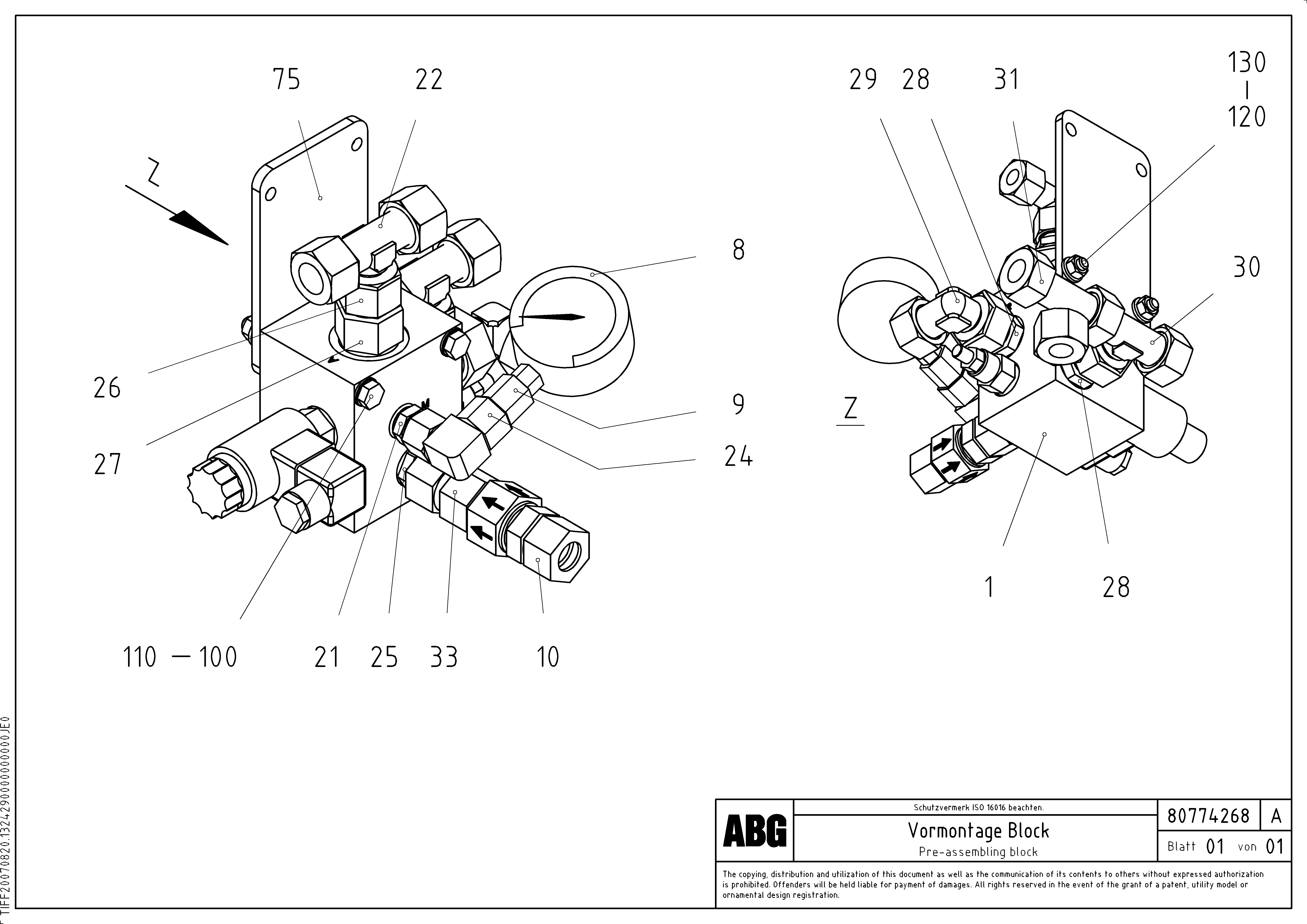 Схема запчастей Volvo ABG8820 - 68585 Pre-assembling block, tension device VDT 121 VARIO ATT.SCREED 9,0 - 12,0M ABG8820/ABG8820B