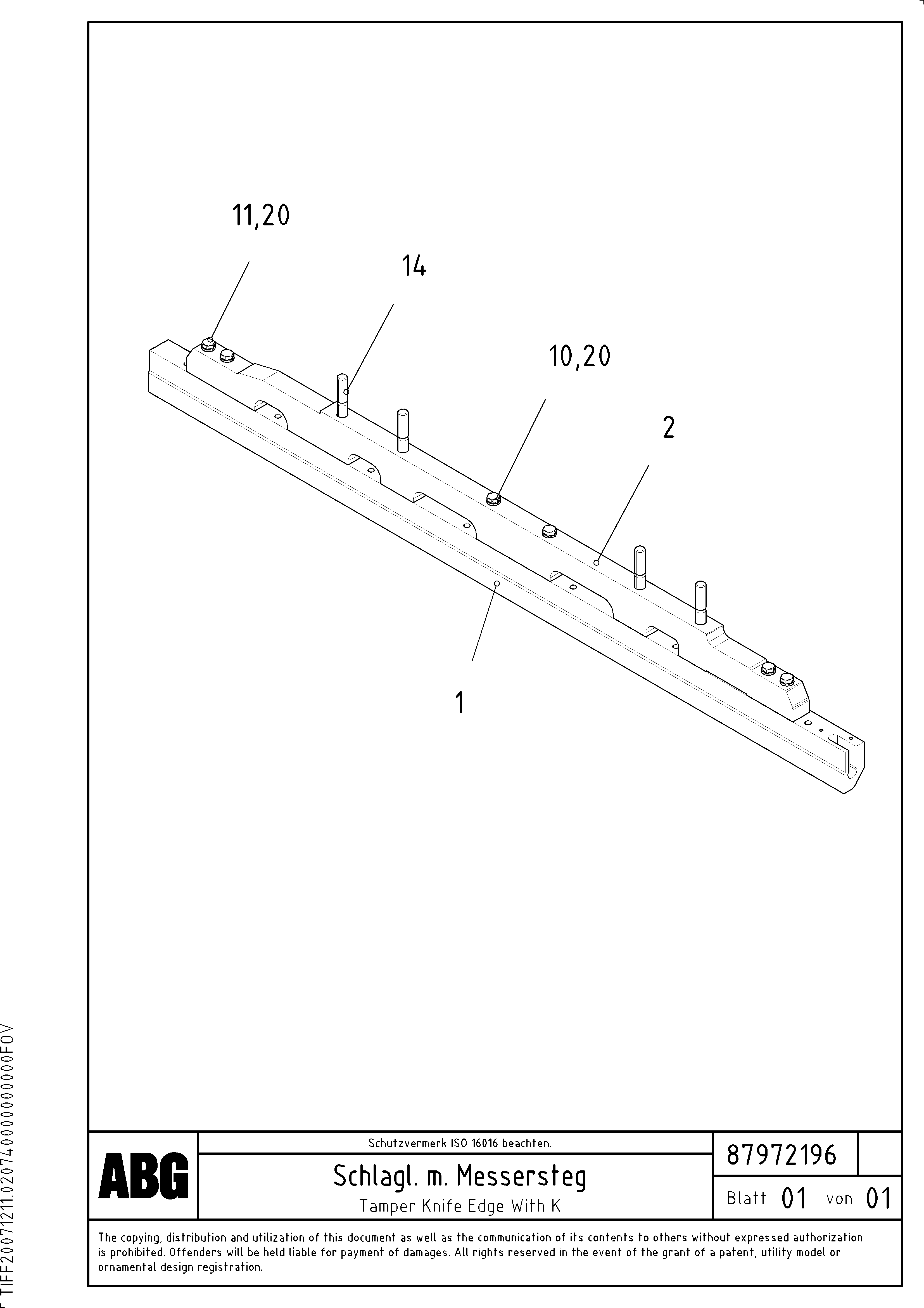 Схема запчастей Volvo ABG8820 - 76675 Tamper knife with heating for basic and extandable screed VDT-V 88 GTC ATT. SCREEDS 3,0 - 9,0M ABG8820/ABG8820B