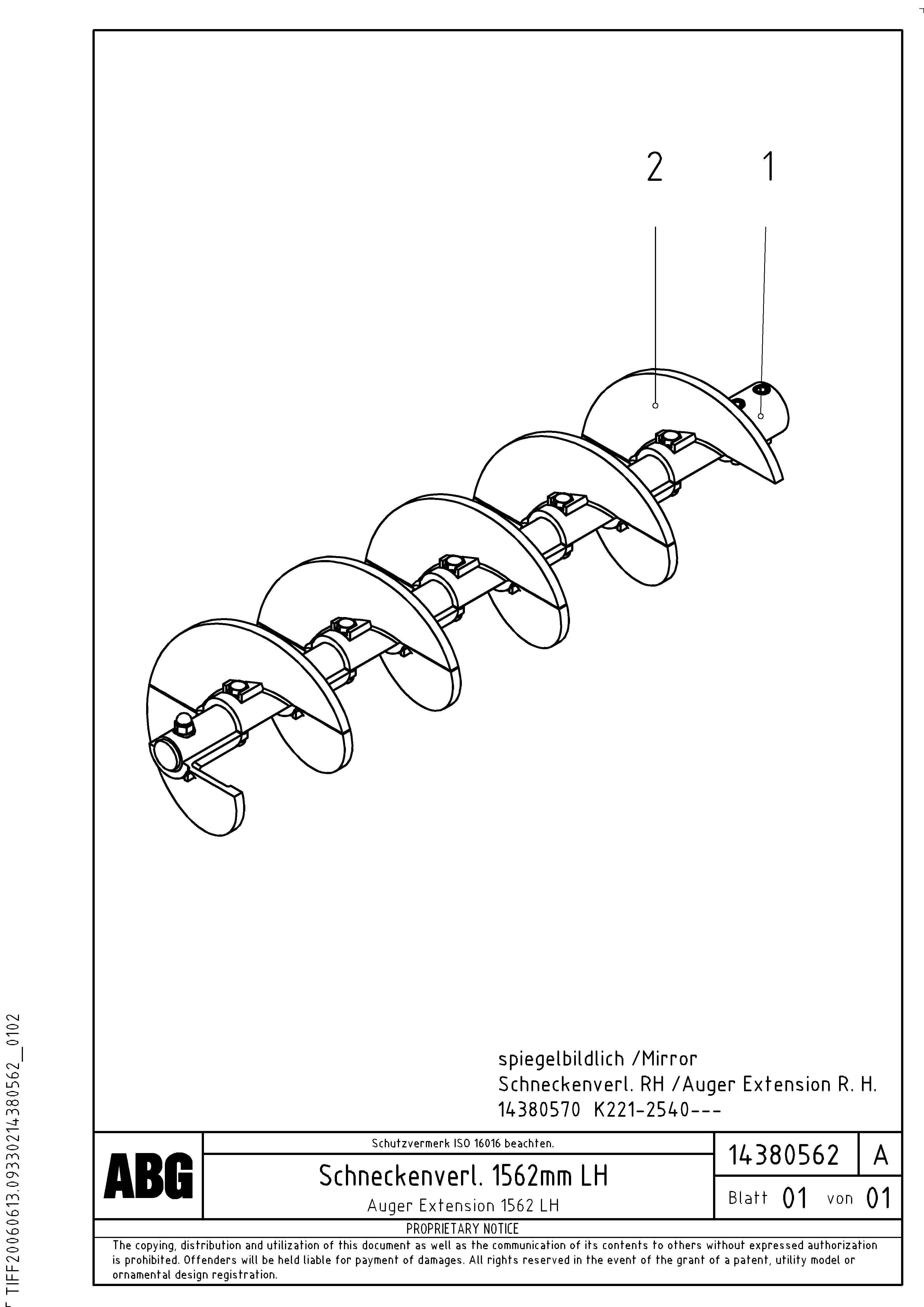Схема запчастей Volvo ABG9820 - 70509 Auger extension 1562 VB 88 GTC ATT. SCREEDS 3,0 - 9,0M ABG9820