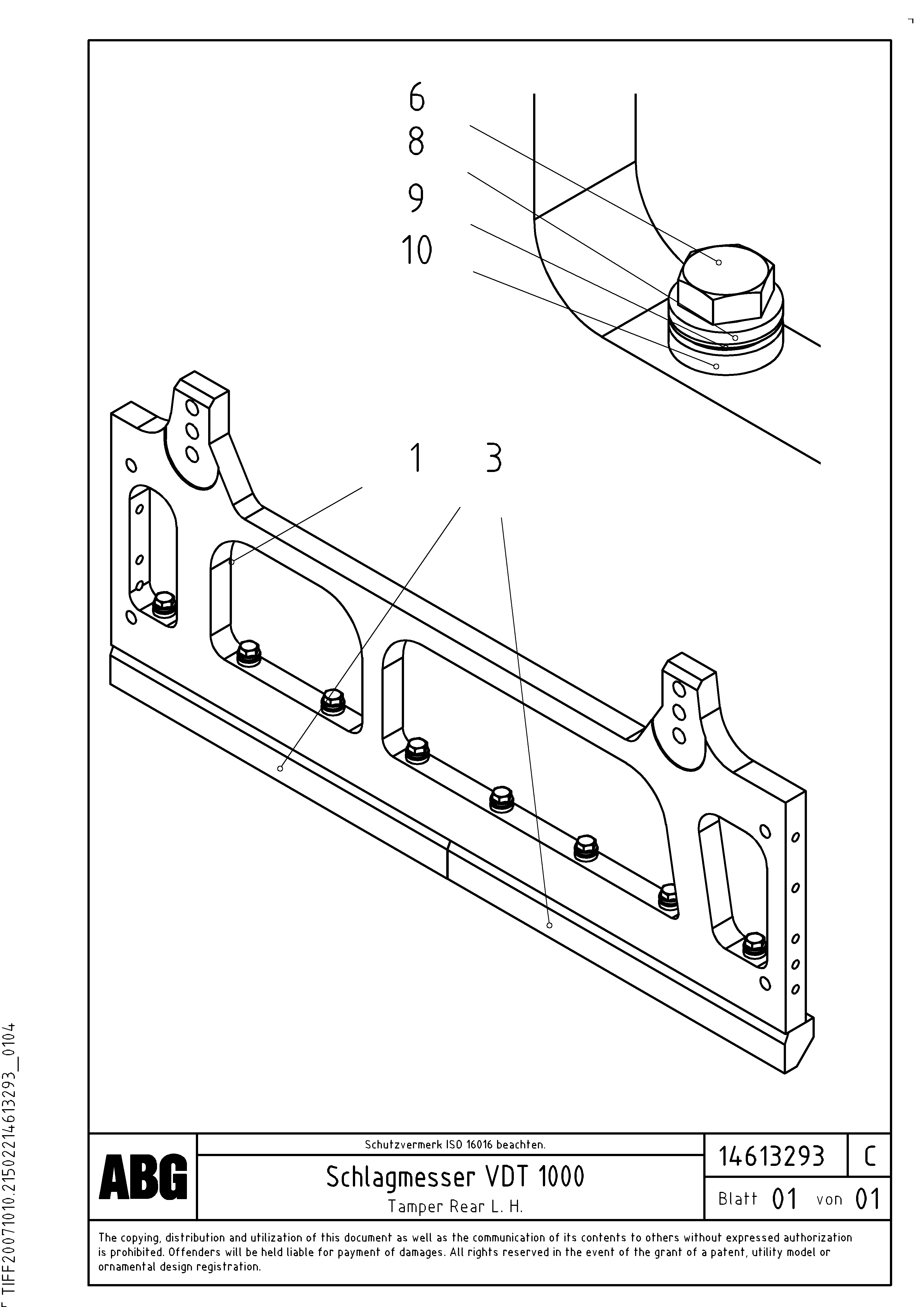Схема запчастей Volvo ABG9820 - 72849 Tamper plate for extension VDT 120 ATT. SCREEDS 3,0 -13,0M ABG9820
