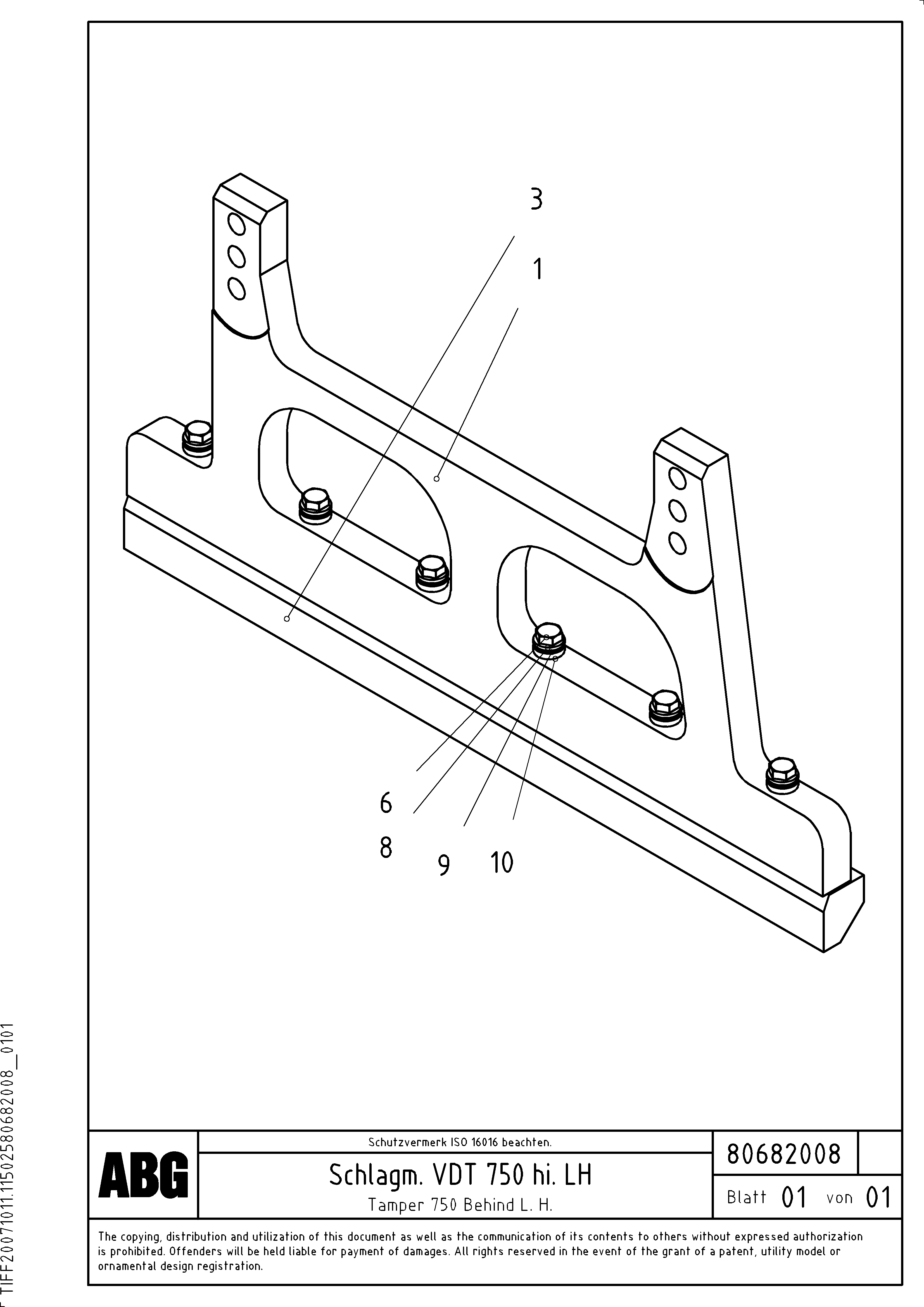 Схема запчастей Volvo ABG9820 - 65140 Tamper plate for extension MB 120 VARIO ATT. SCREEDS 5,0 -12,5M ABG9820