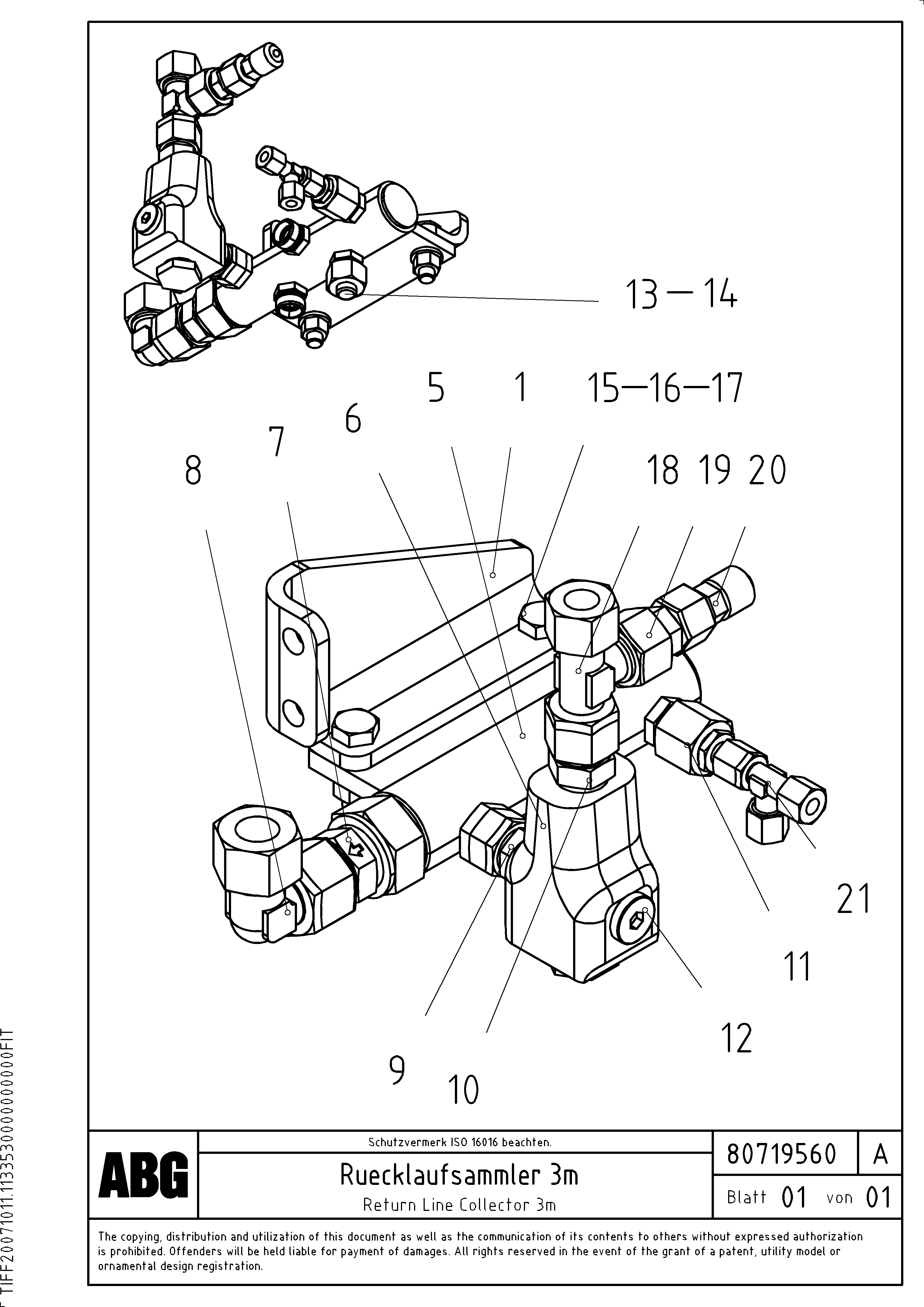 Схема запчастей Volvo ABG9820 - 68765 Return line collector for Vario basic screed MB 120 VARIO ATT. SCREEDS 5,0 -12,5M ABG9820