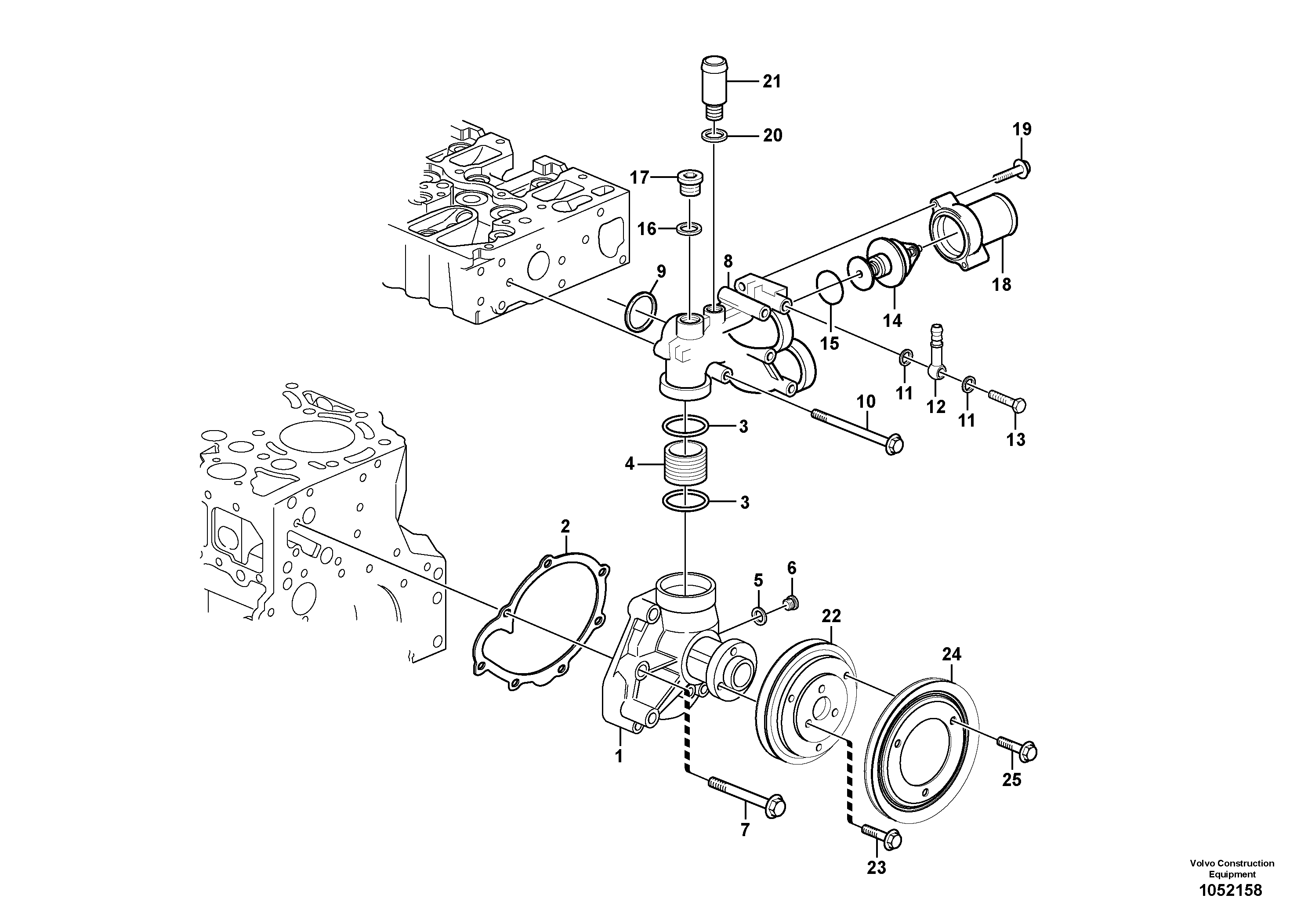 Схема запчастей Volvo ABG7820B - 24913 Water pump and thermostat housing ABG7820/ABG7820B ABG7820 S/N 21064-23058 ABG7820B S/N 23059 -