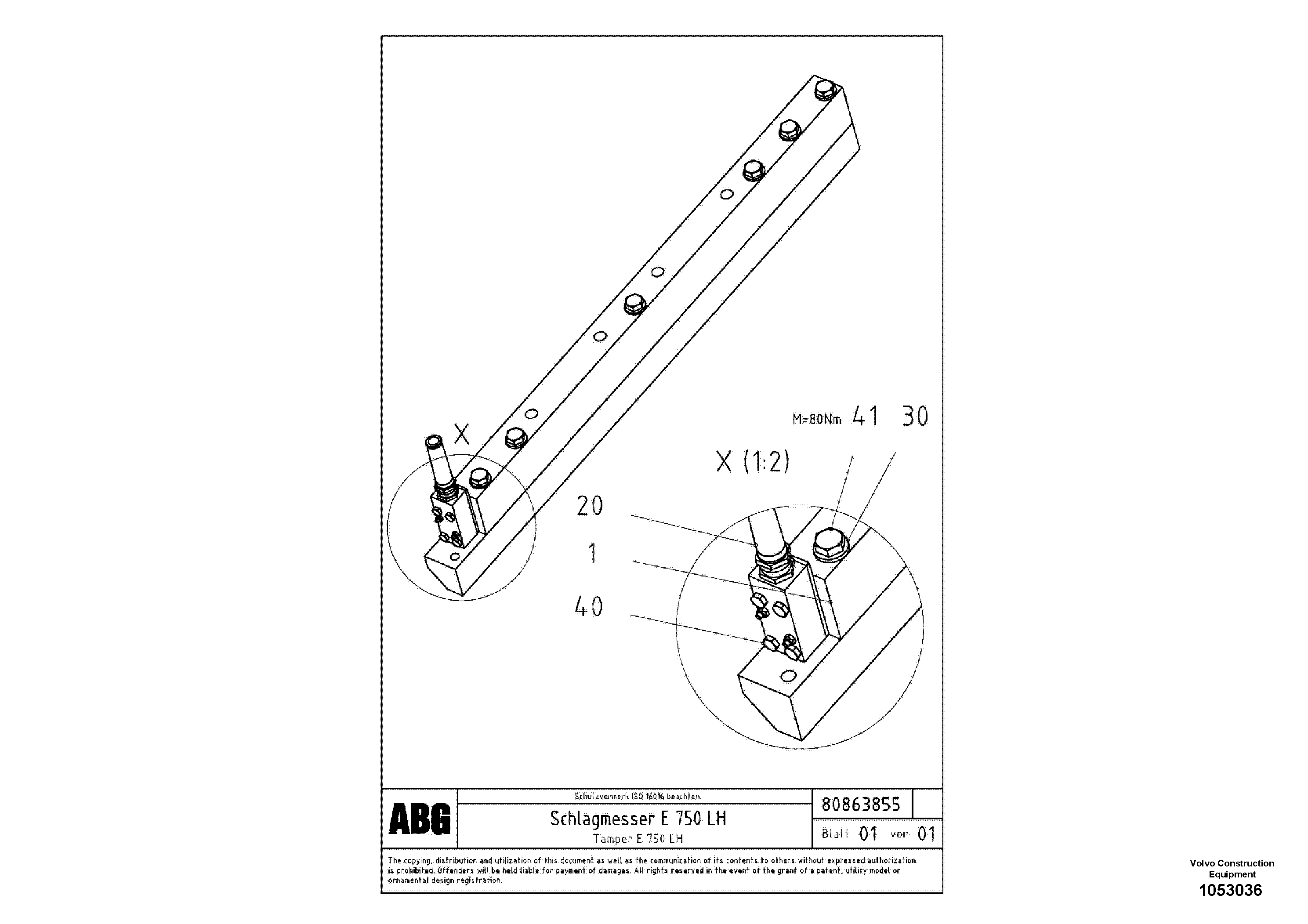 Схема запчастей Volvo ABG7820B - 12718 Tamper knife edge with heating, for extension VB 78 ETC ATT. SCREED 2,5 - 9,0 M ABG5820/6820/7820/7820B
