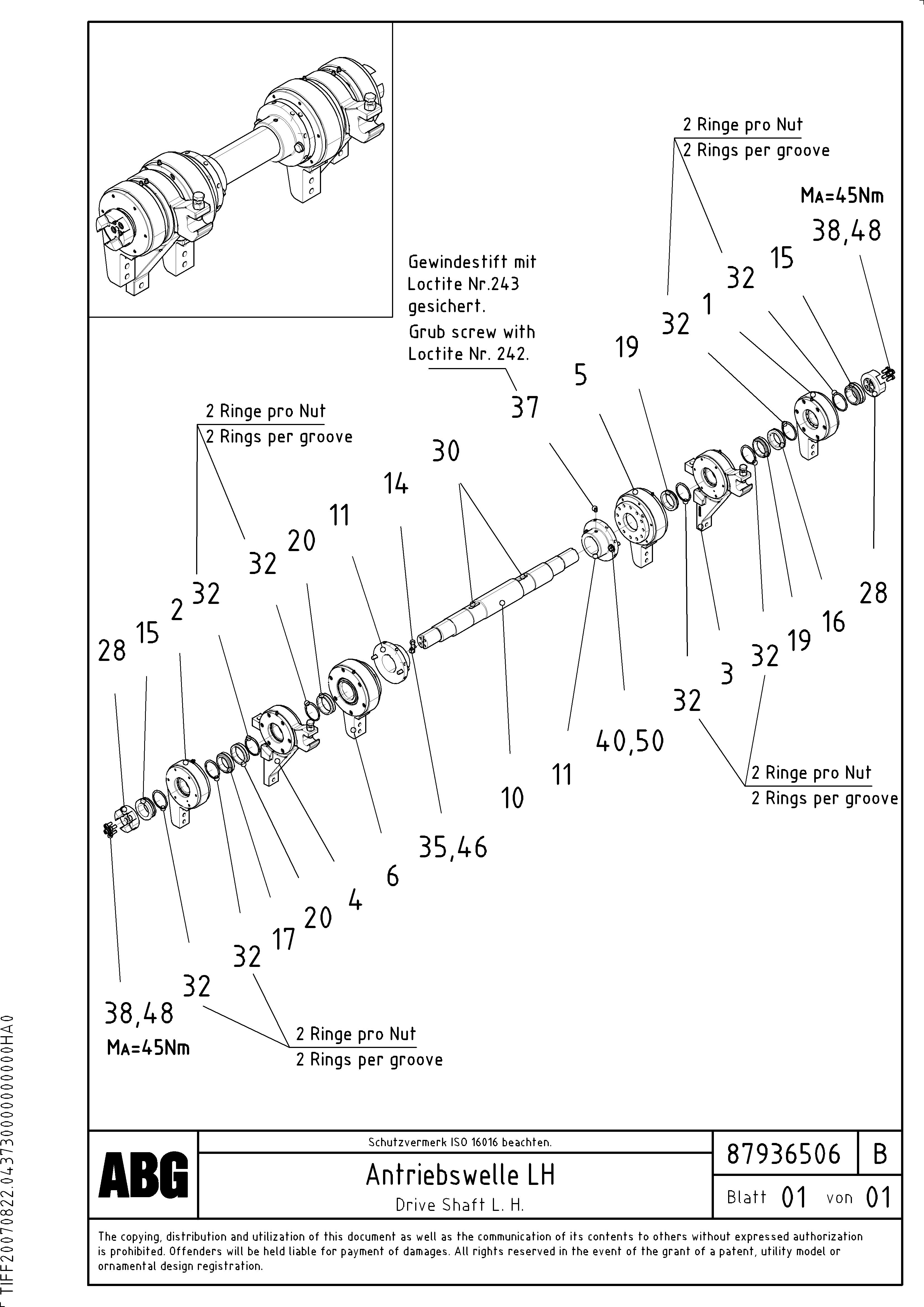 Схема запчастей Volvo ABG7820B - 92974 Tamper drive shaft for extension VDT 121 ATT. SCREED 2,5 - 9,0 M ABG7820/ABG7820B