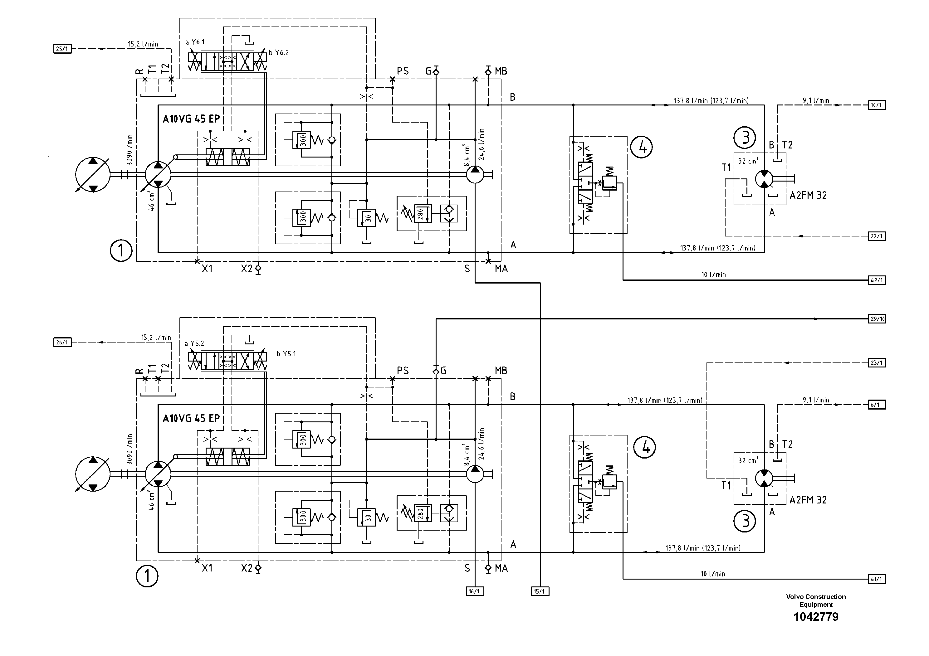 Схема запчастей Volvo ABG8820B - 47721 Hydraulic diagram ABG8820/ABG8820B ABG8820 S/N 21098-23354 ABG8820B S/N 23355-