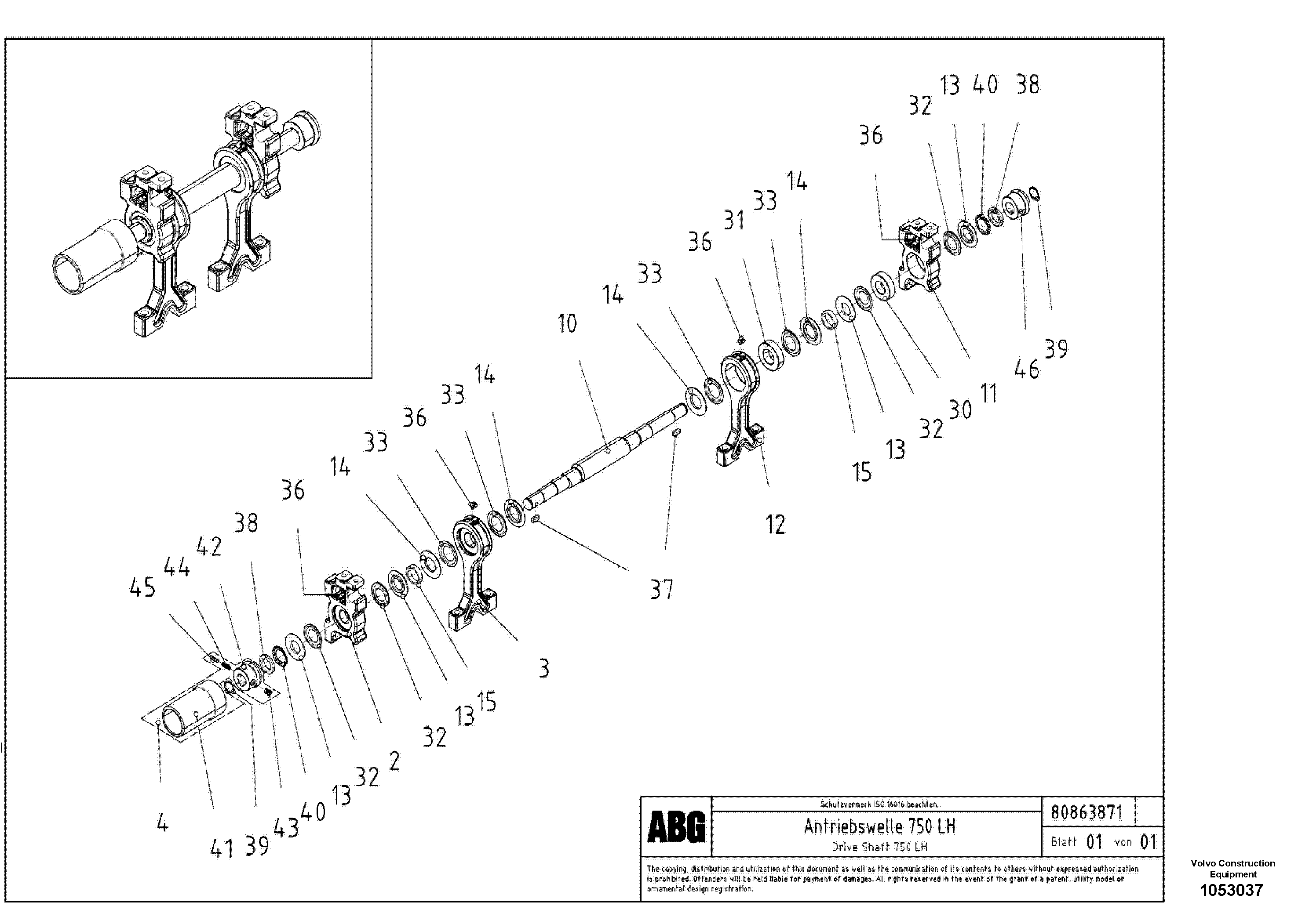 Схема запчастей Volvo ABG8820B - 76391 Tamper drive shaft for extension VB 78 ETC ATT. SCREED 2,5 - 9,0 M ABG8820/ABG8820B