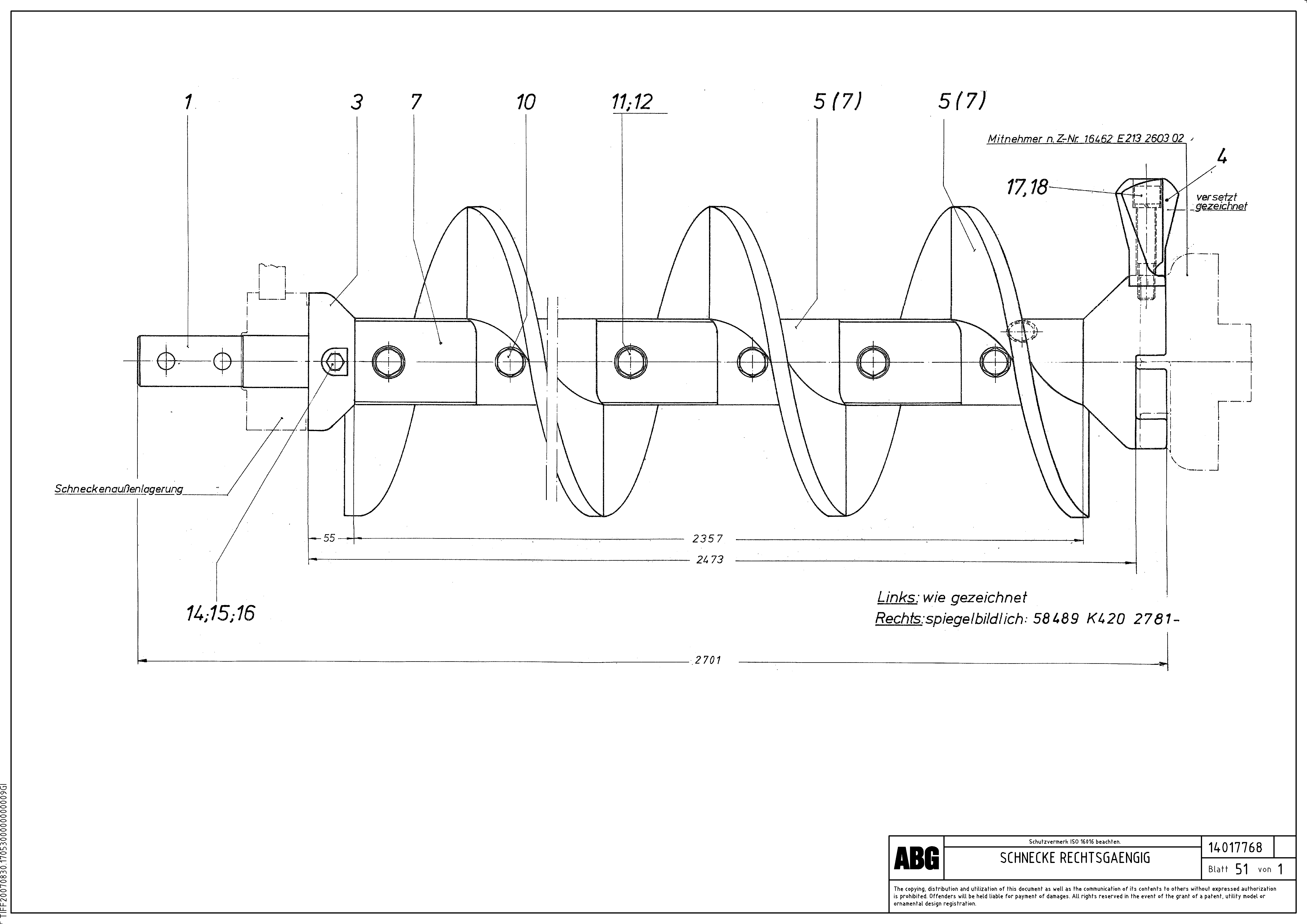 Схема запчастей Volvo ABG8820B - 91018 Auger for outside auger bearing VDT 121 ATT. SCREEDS 2,5 -13,0M ABG8820/ABG8820B