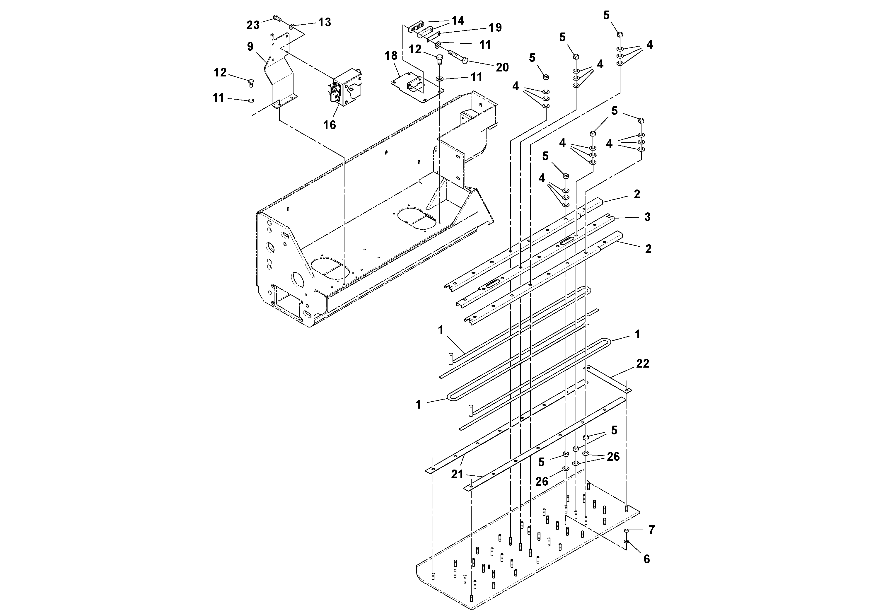 Схема запчастей Volvo OMNI 318 SCREED PF6110, PF6160, PF6170 - 64389 Extension Heater Bar Installation 