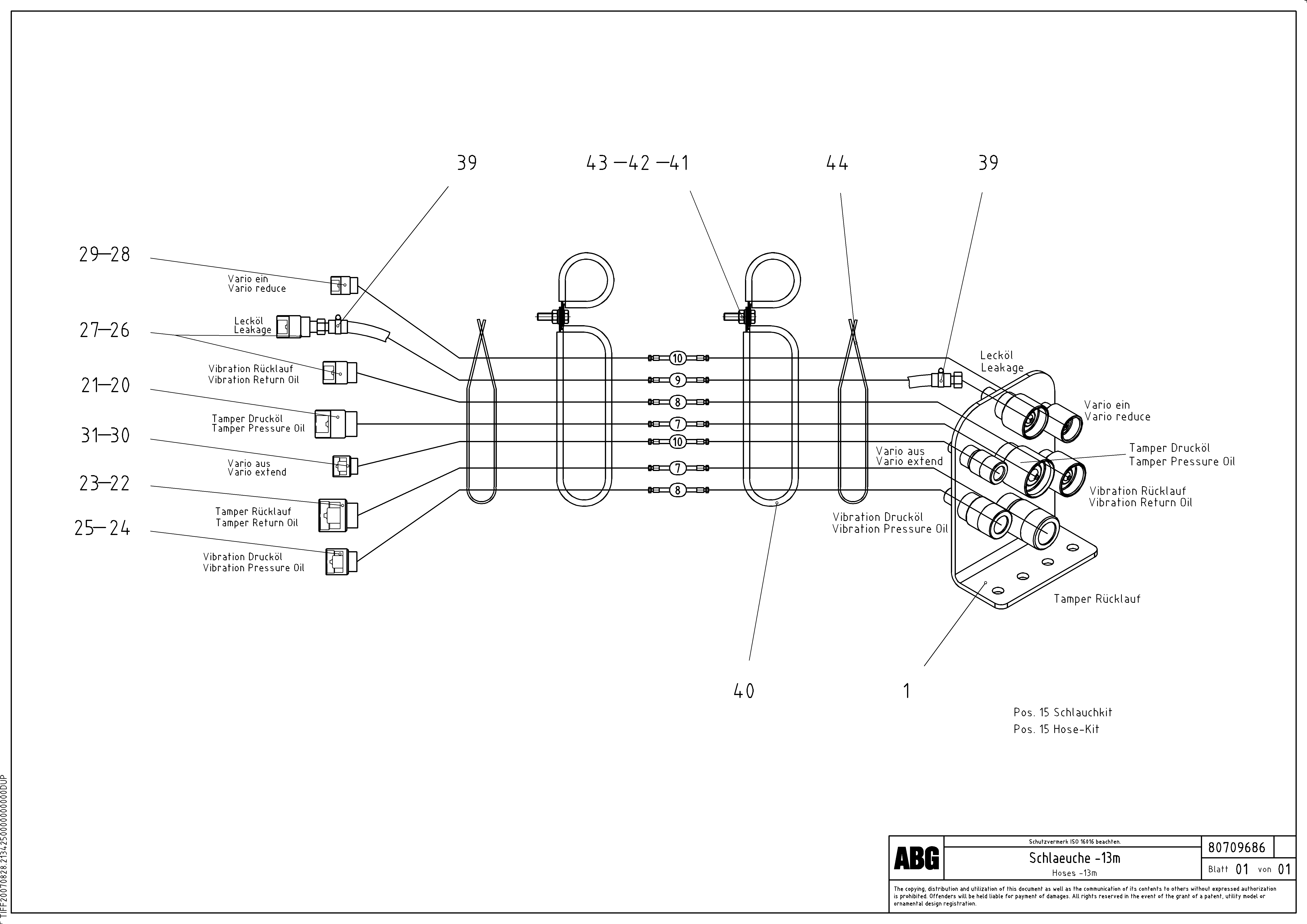 Схема запчастей Volvo VDT 120 VARIO ATT. SCREEDS 5,0 -12,5M ABG9820 - 69607 Hose lines from connection block 