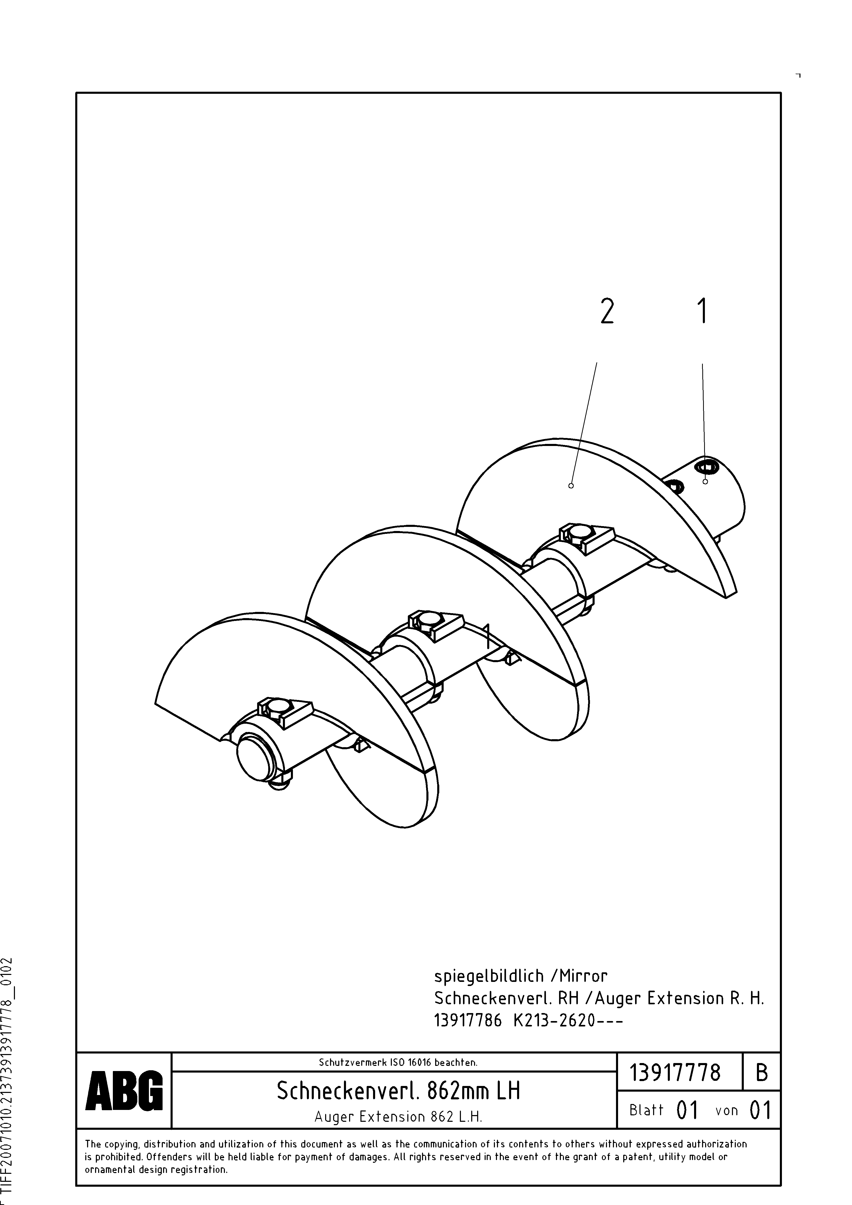 Схема запчастей Volvo VB 88 GTC - 70688 Auger extension 862 VB 88 GTC ATT. SCREEDS 3,0 - 9,0M ABG9820