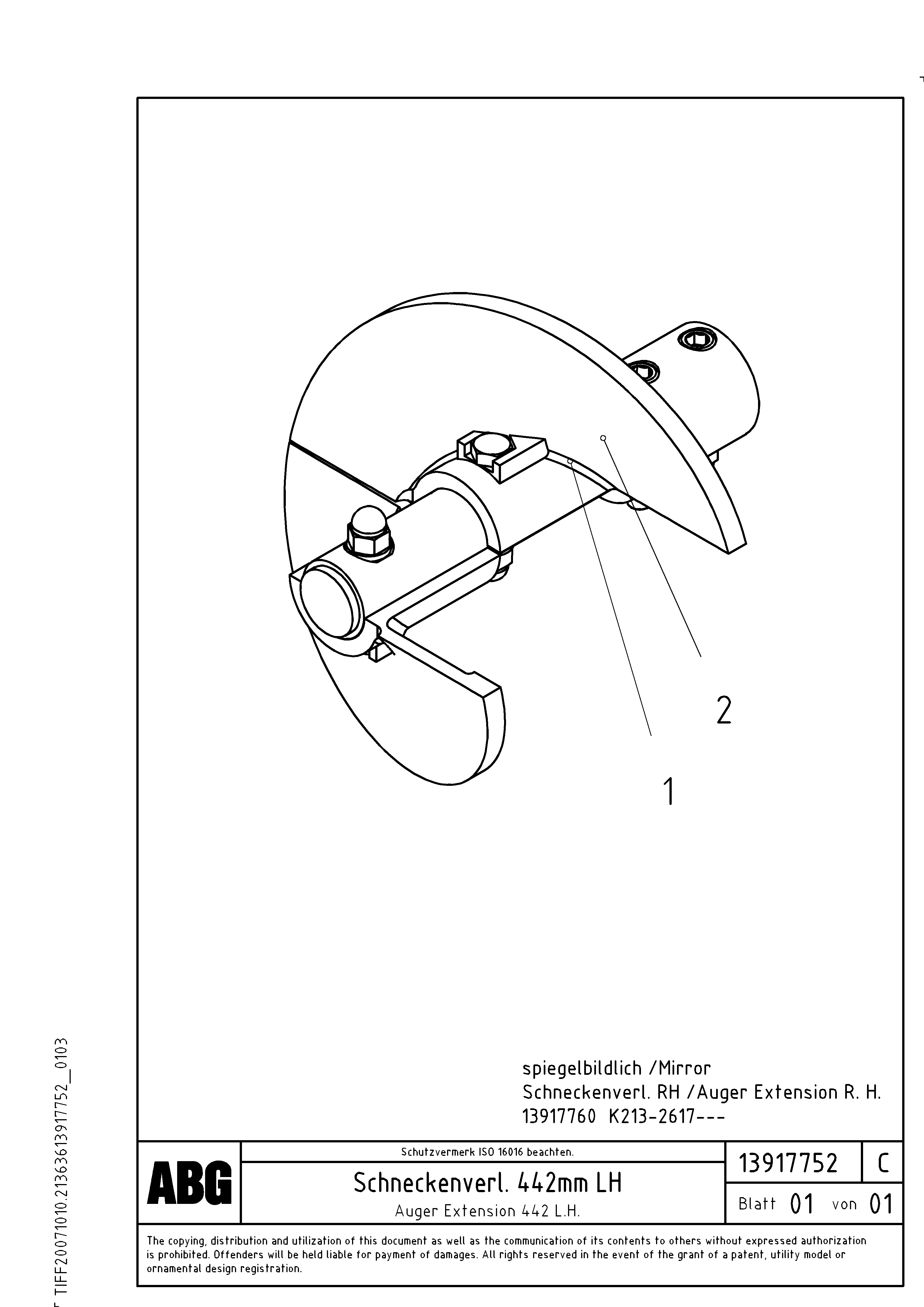 Схема запчастей Volvo VB 88 GTC - 71550 Auger extension 442 VB 88 GTC ATT. SCREEDS 3,0 -10,0M ABG8820/ABG8820B