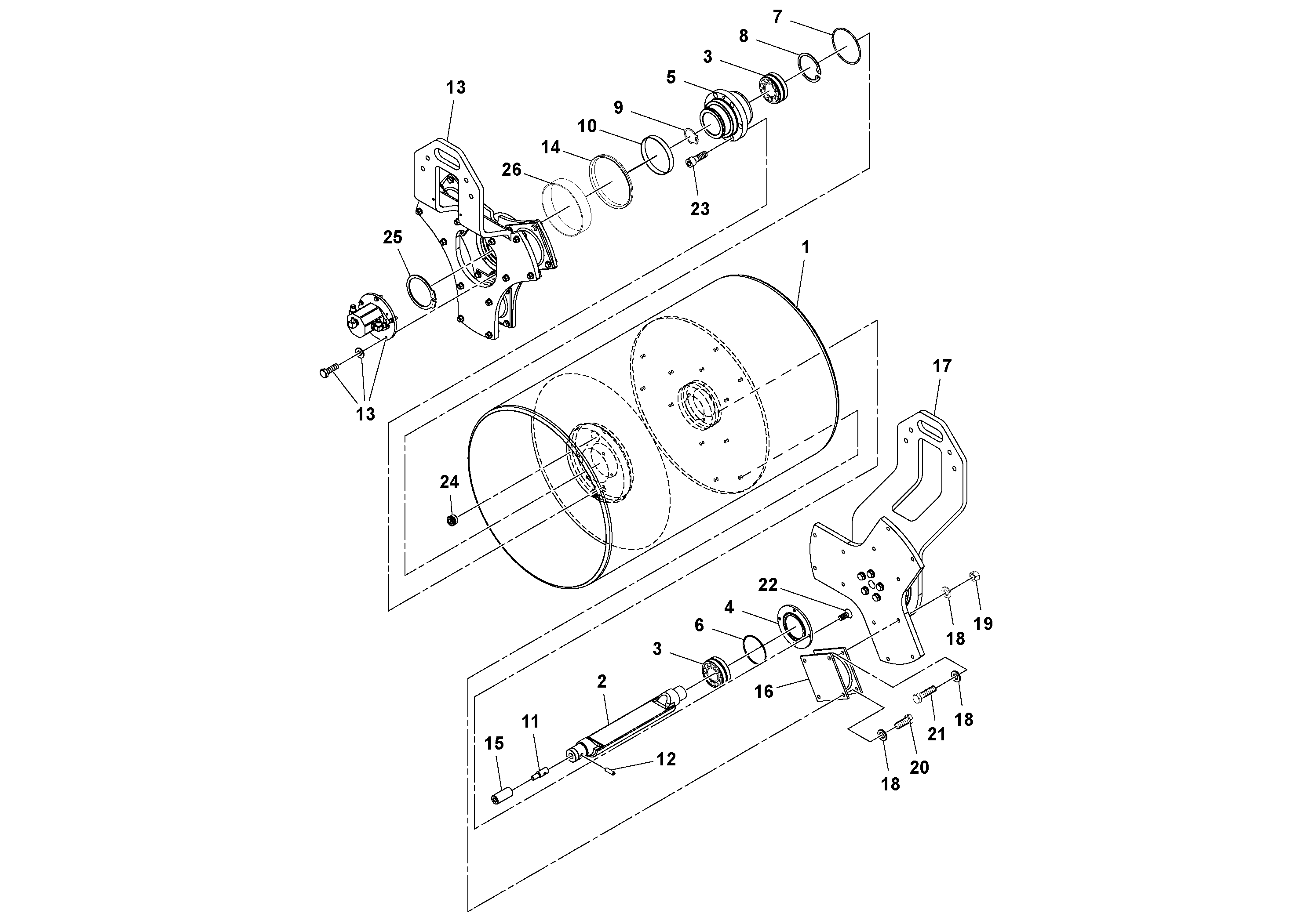 Схема запчастей Volvo DD29/DD30/DD31HF/DD38HF S/N 197592 - - 106964 Drum Assembly, Rear and Front 