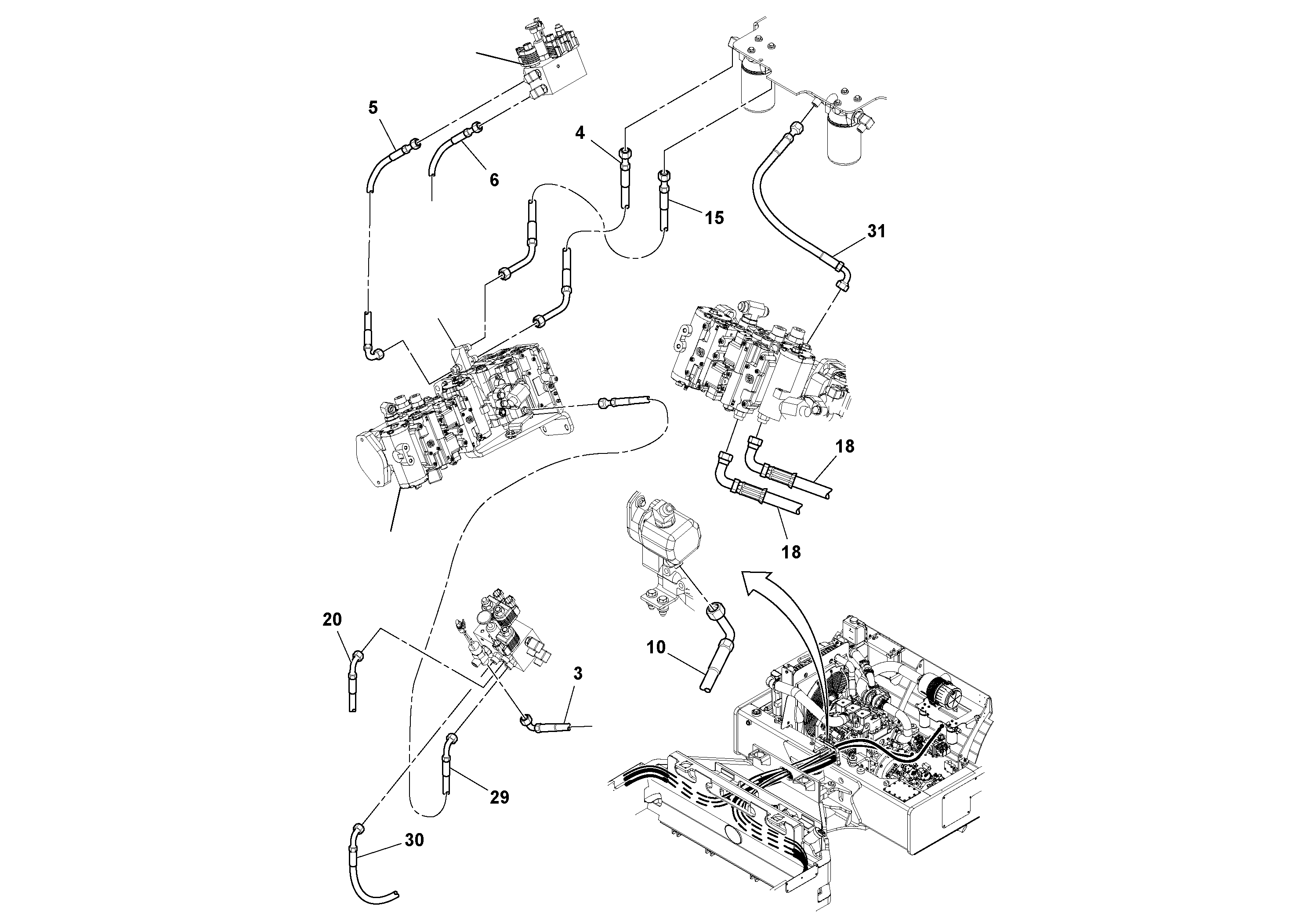 Схема запчастей Volvo DD112HF/DD118HF/HA/HFA S/N 197518 - - 61428 Rear Hose Installation 