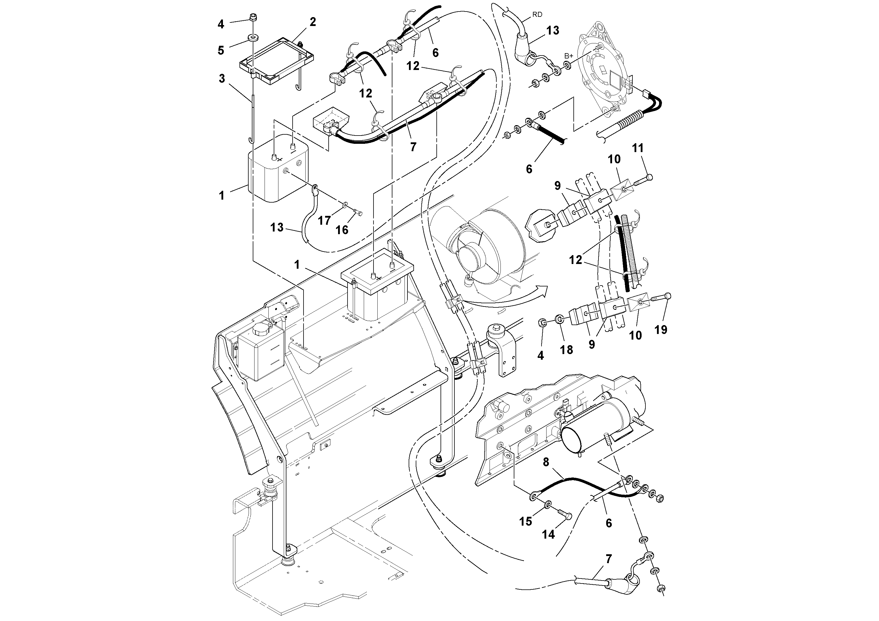 Схема запчастей Volvo DD132HF/DD138HF/HA/HFA S/N 197527- - 106401 Батарея аккумуляторная 