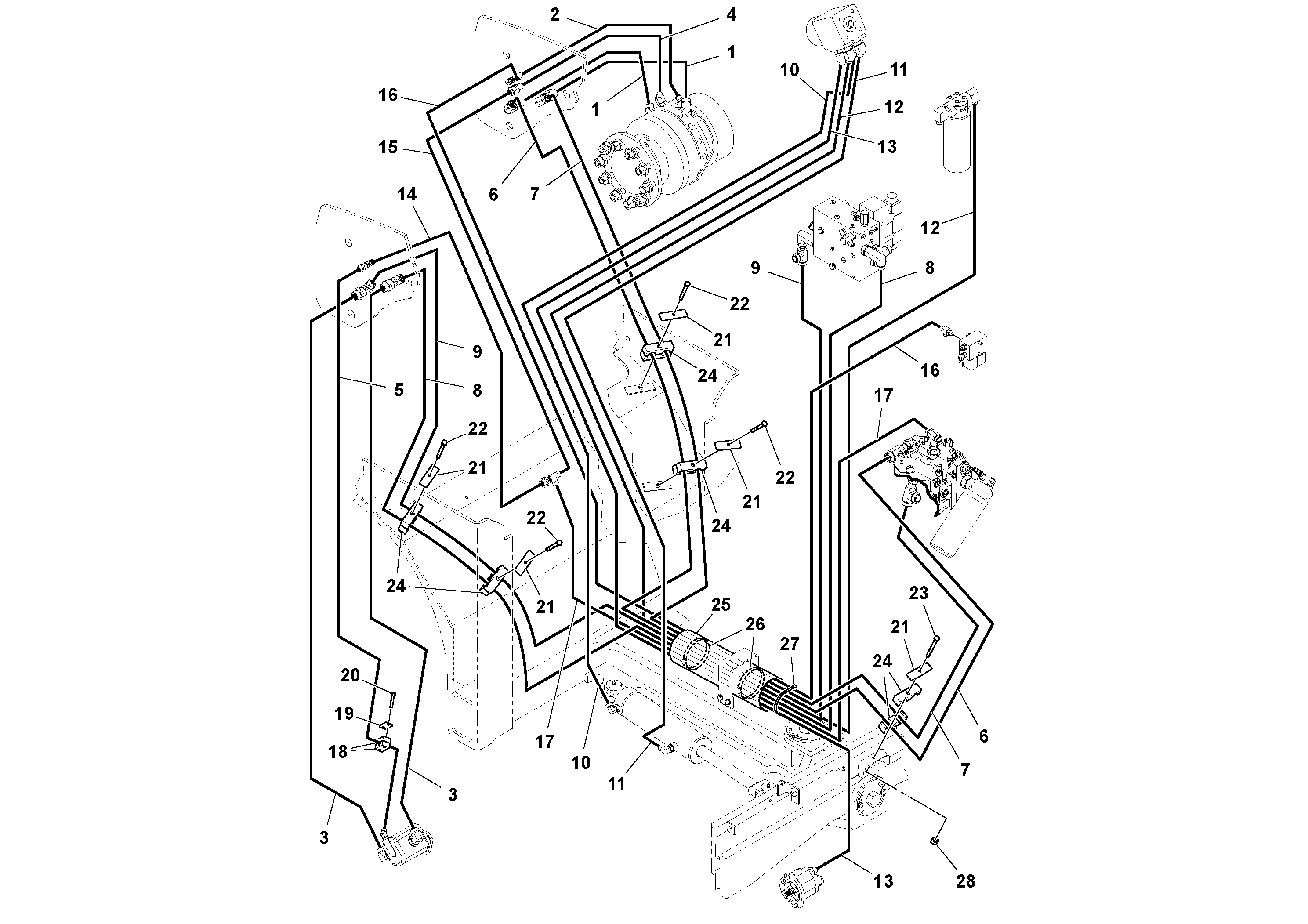 Схема запчастей Volvo DD70/DD70HF S/N 197522 - - 62879 Front Frame Hydraulic Hose Installation 