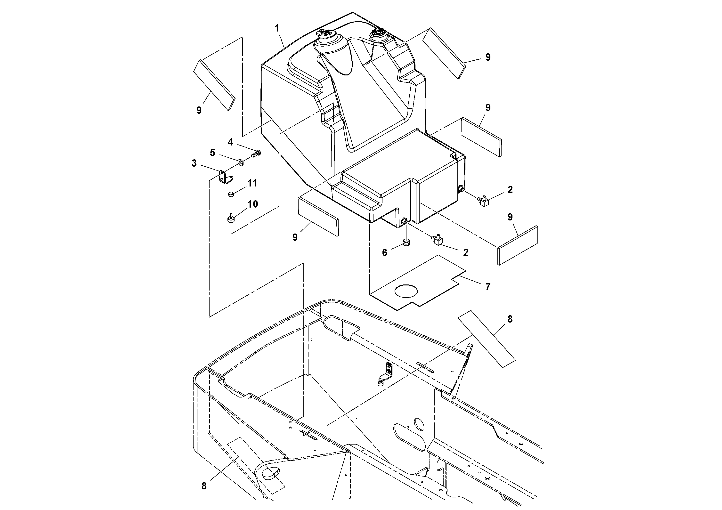 Схема запчастей Volvo SD100D/100F/SD105DX/105F S/N 197389 - - 53736 Fuel Tank Installation 