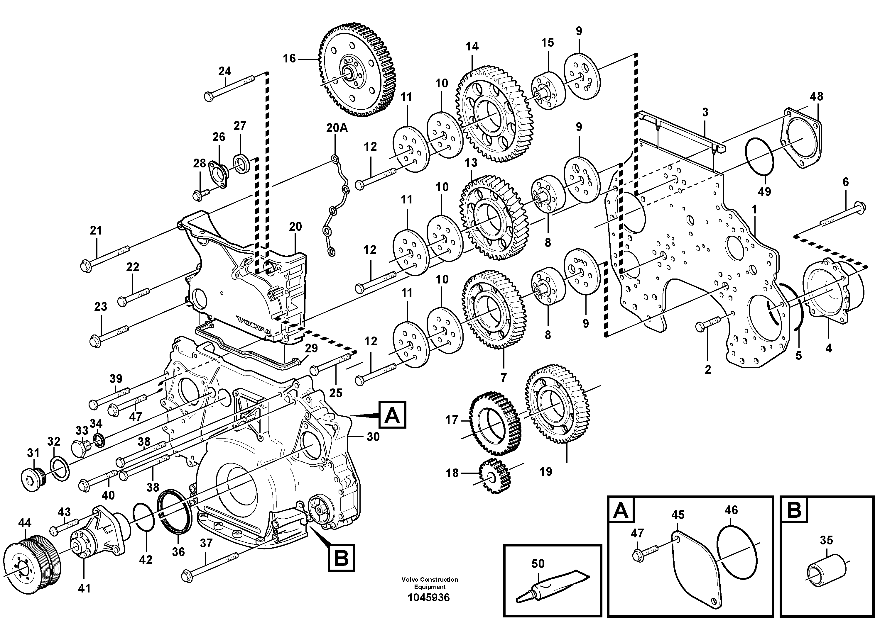 Схема запчастей Volvo PL4611 - 70971 Timing gear casing and gears 