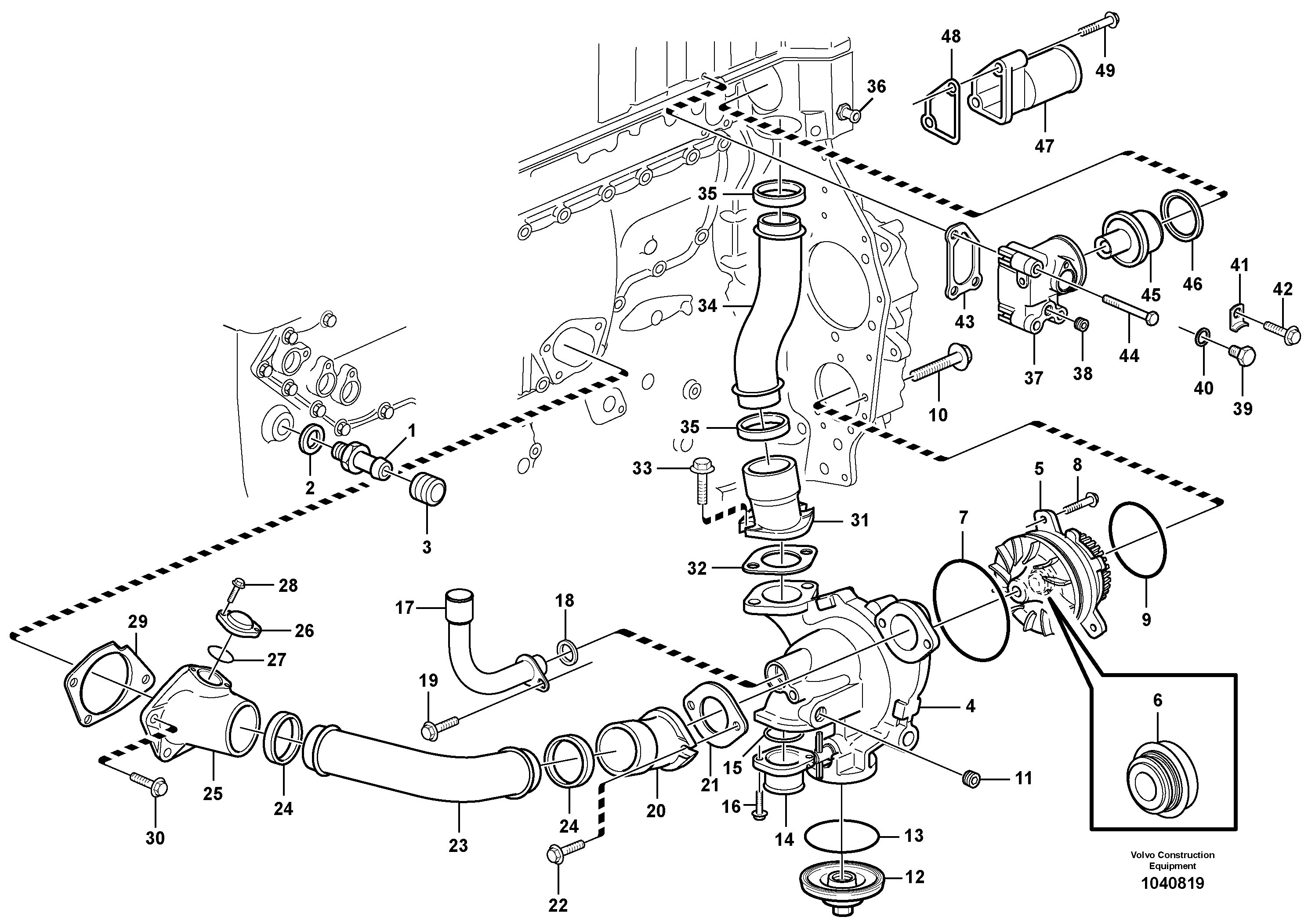 Схема запчастей Volvo PL4608 - 103621 Water pump and thermostat housing 