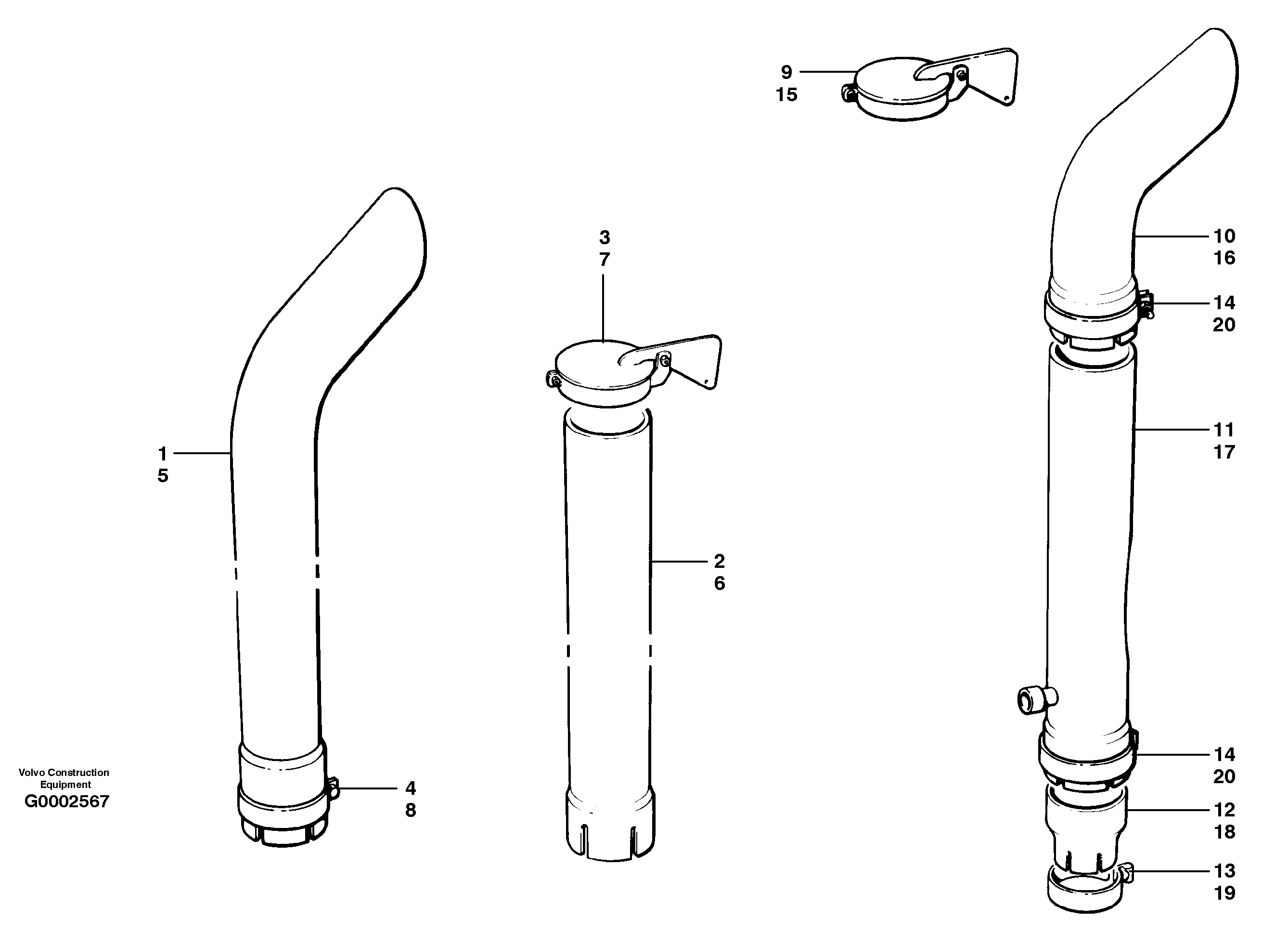 Схема запчастей Volvo G700 MODELS S/N 33000 - - 20178 Exhaust stack and rain cap installations 